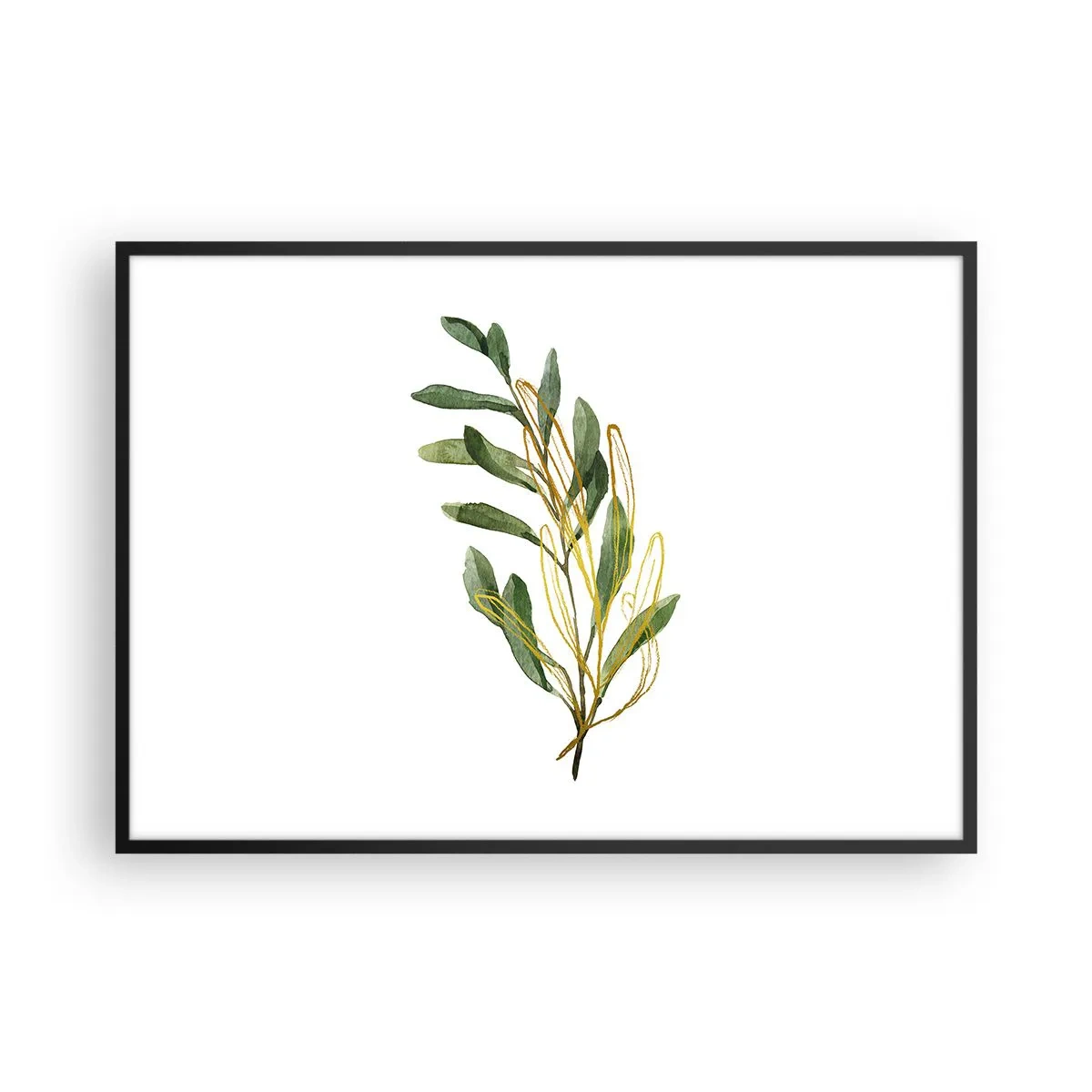 Poster in einem schwarzem Rahmen - Grüner Zweig mit Blättern auf weißem Hintergrund - 100x70cm - Alles was gut ist - Moderne Wanddekoration für Wohnzimmer und Schlafzimmer ARTTOR