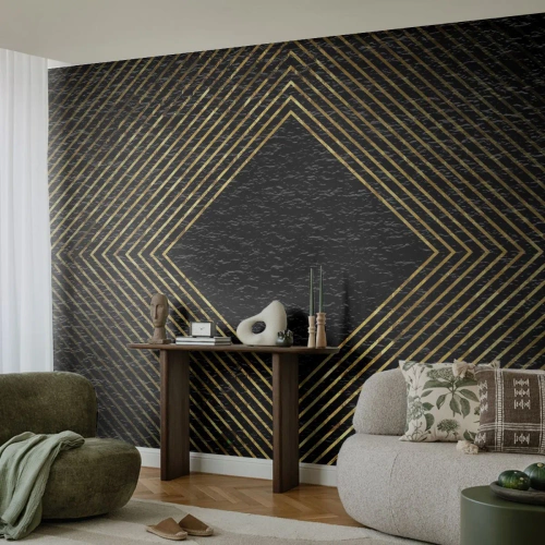 Fototapete Premium Sand - Goldene Linien bilden eine Raute auf schwarzem Hintergrund - 100x70cm - Geometrie im glamourösen Stil - Moderne Wanddekoration für Wohnzimmer und Schlafzimmer ARTTOR