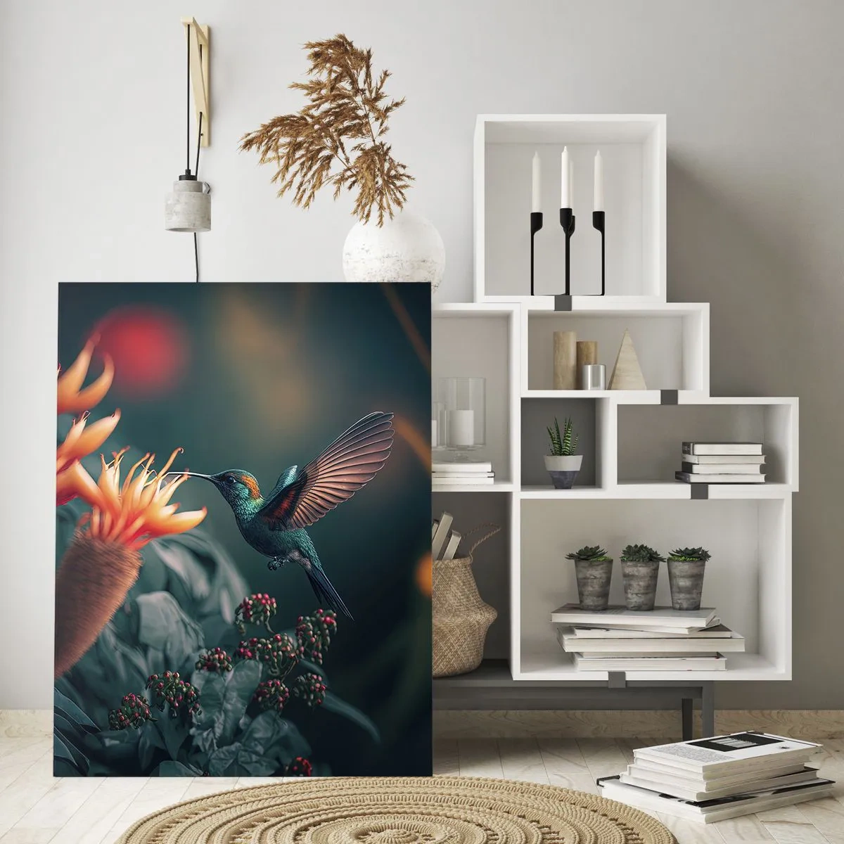 Glasbild - Bild auf glas - Ein bunter Kolibri neben Blumen vor einem natürlichen Hintergrund - 70x100cm - Wirklich buntes Leben - Moderne Wanddekoration für Wohnzimmer und Schlafzimmer ARTTOR