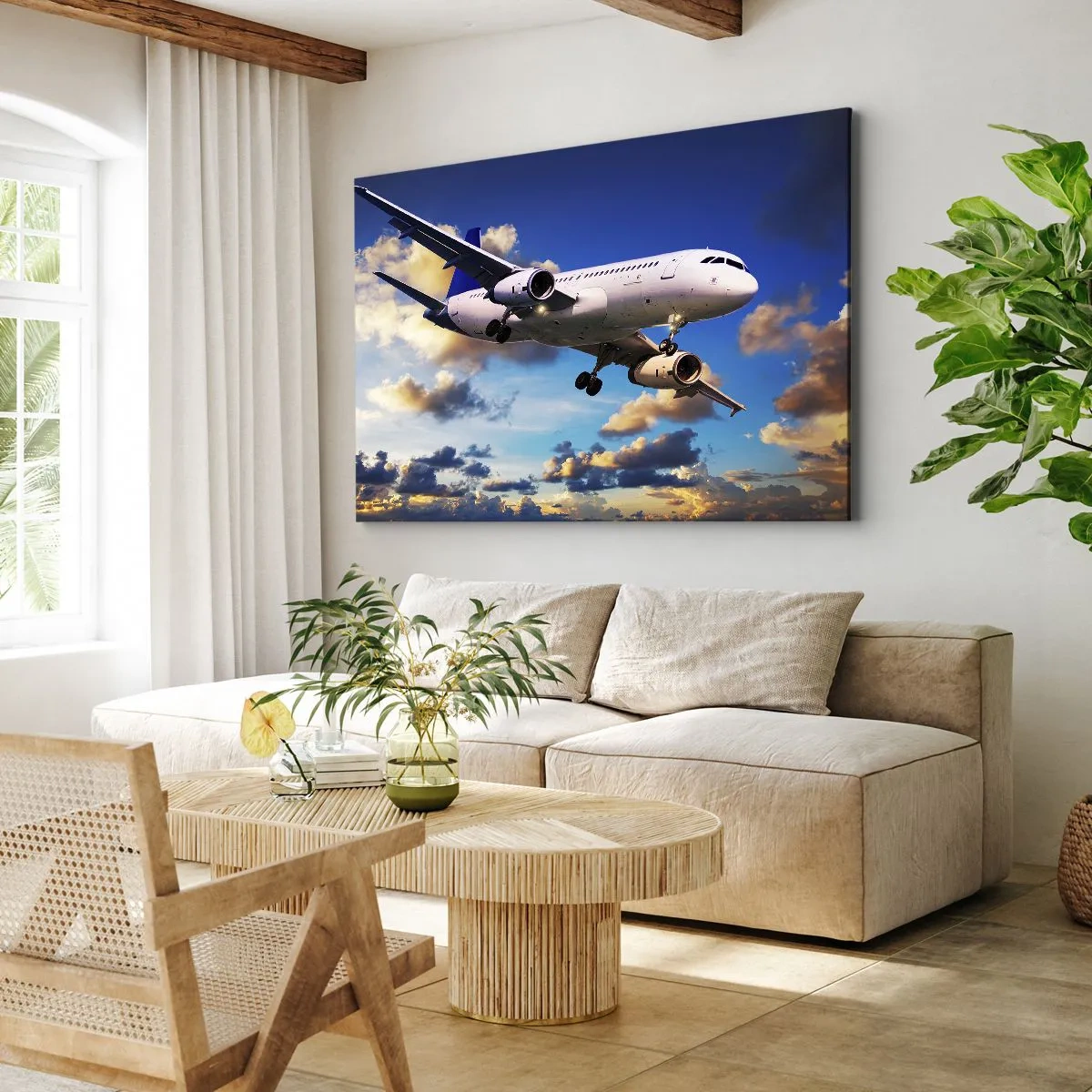 Bild auf Leinwand - Leinwandbild - Ein Passagierflugzeug vor den Wolken bei Sonnenuntergang - 70x50cm - Eine Reise in Weiß und Blau - Moderne Wanddekoration für Wohnzimmer und Schlafzimmer ARTTOR