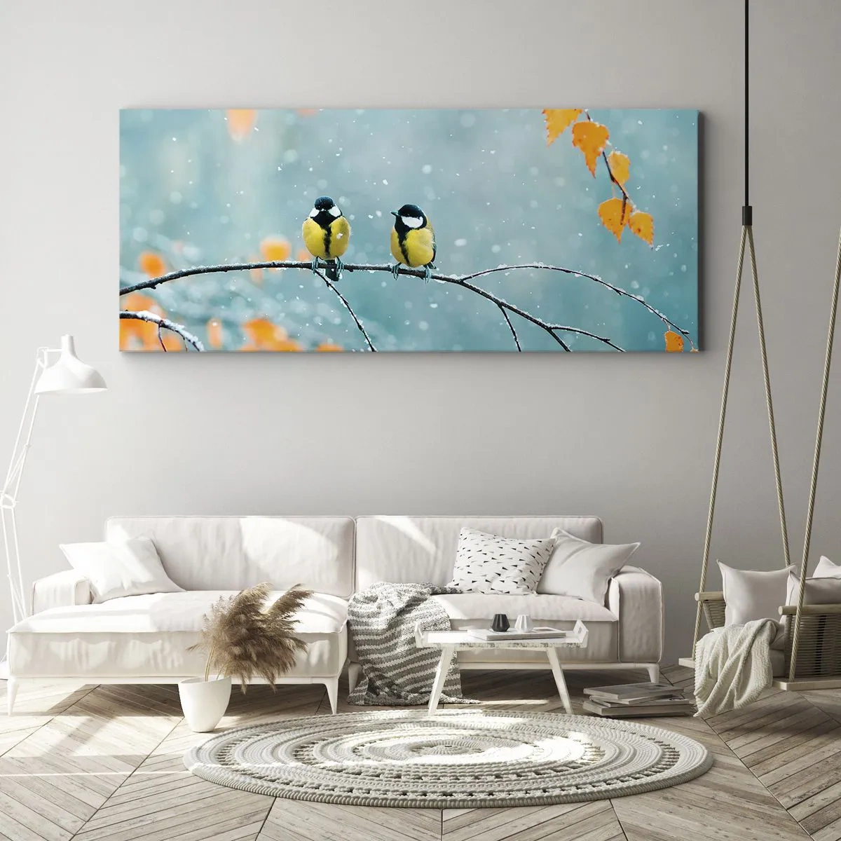 Bild auf Leinwand - Leinwandbild - Zwei Vögel auf einem Ast in einer Winterlandschaft mit gelben Blättern. - 140x50cm - Vogelklatsch - Moderne Wanddekoration für Wohnzimmer und Schlafzimmer ARTTOR