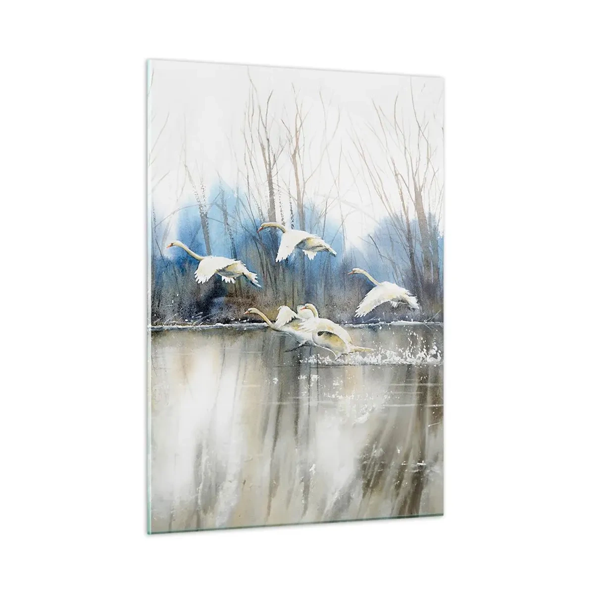 Glasbild - Bild auf glas - Wilde Schwäne fliegen über einen friedlichen Waldsee - 50x70cm - Wie im Märchen von den wilden Schwänen - Moderne Wanddekoration für Wohnzimmer und Schlafzimmer ARTTOR