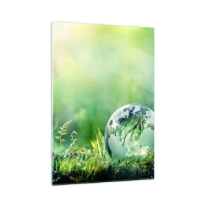 Glasbild - Bild auf glas - Eine Glaskugel mit einer Weltkarte vor dem Hintergrund grüner Natur - 50x70cm - Der grüne Planet - Moderne Wanddekoration für Wohnzimmer und Schlafzimmer ARTTOR