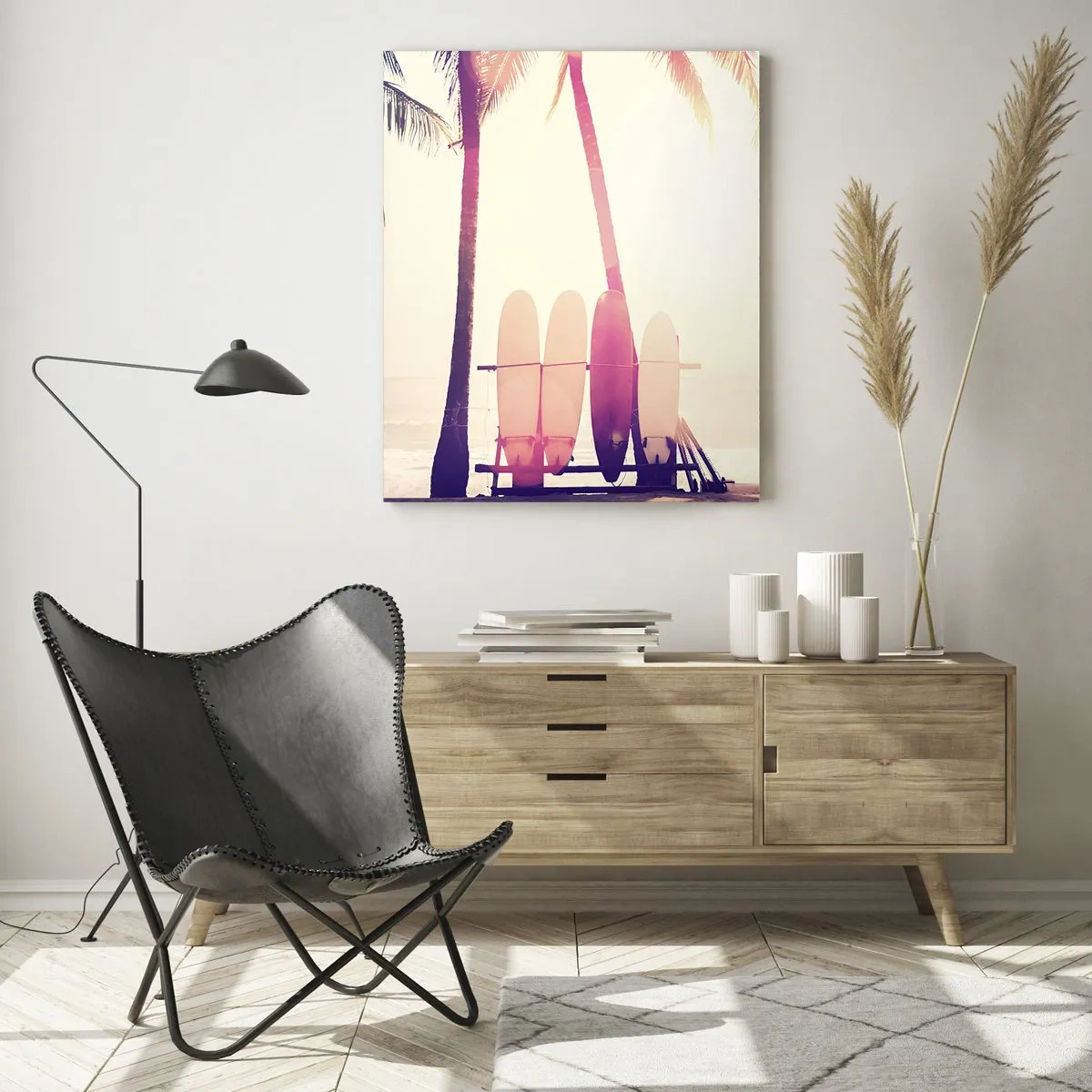 Glasbild - Bild auf glas - Palmen und Surfbretter am Strand im Sonnenschein - 80x120cm - Es wird ein toller Tag - Moderne Wanddekoration für Wohnzimmer und Schlafzimmer ARTTOR