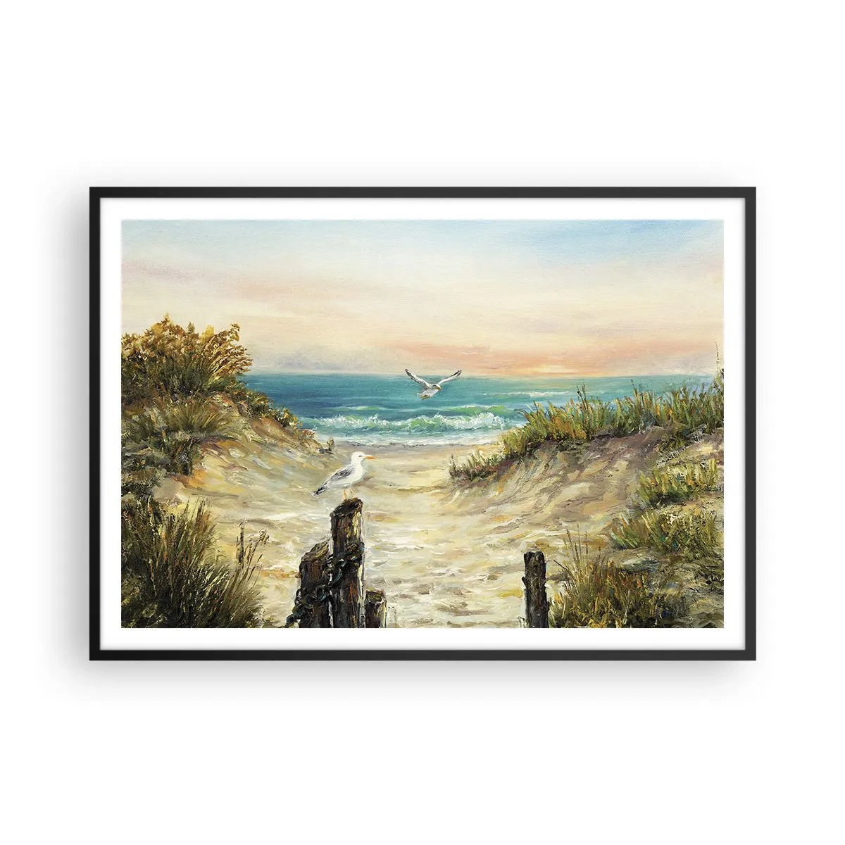 Poster in einem schwarzem Rahmen - Küste mit Möwen und Dünen bei Sonnenuntergang - 100x70cm - Windlose Abgeschiedenheit - Moderne Wanddekoration für Wohnzimmer und Schlafzimmer ARTTOR