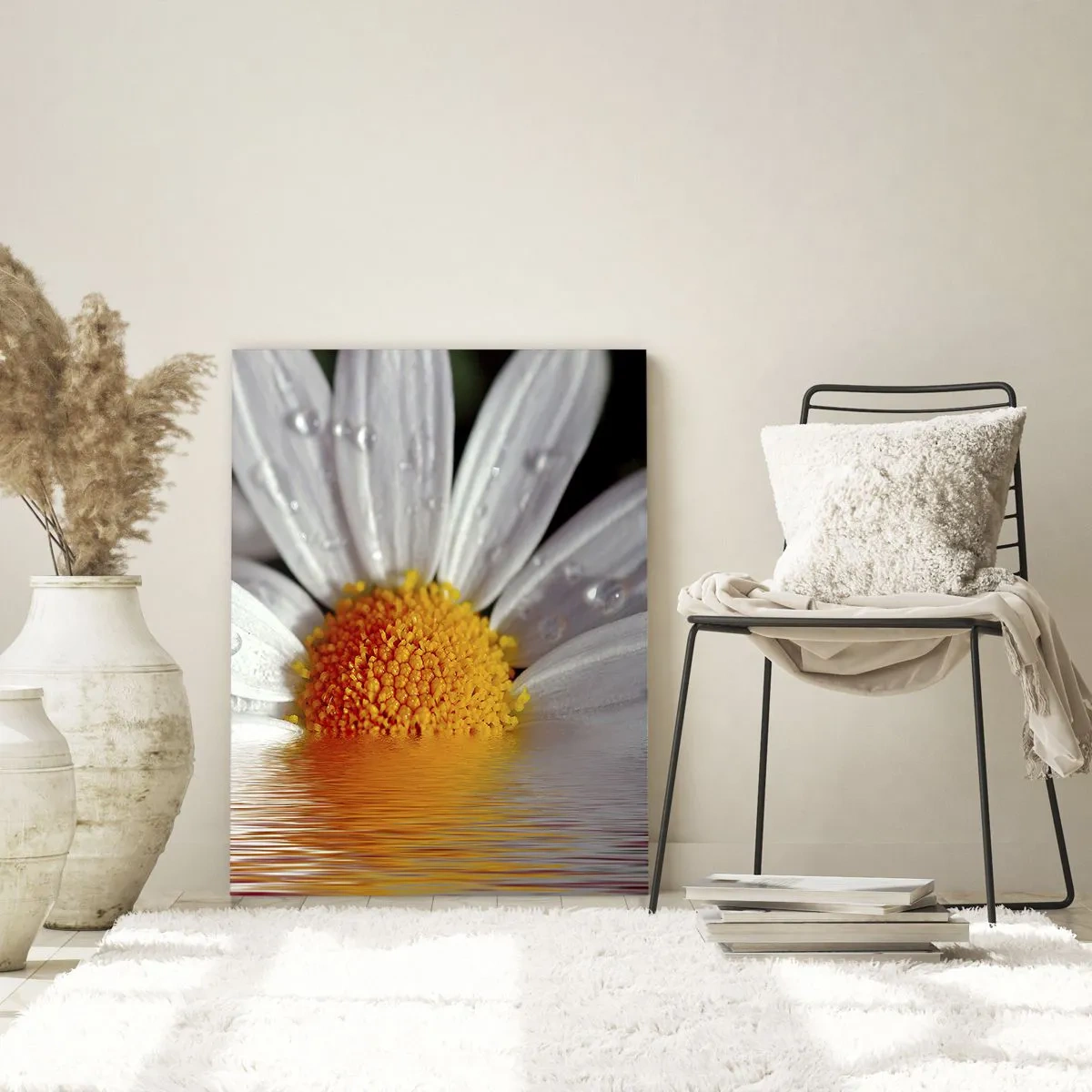 Glasbild - Bild auf glas - Ein weißes Gänseblümchen mit Wassertropfen, eingetaucht in eine Wasserspiegelung - 80x120cm - Die aufgehende Sonne der Gänseblümchen - Moderne Wanddekoration für Wohnzimmer und Schlafzimmer ARTTOR