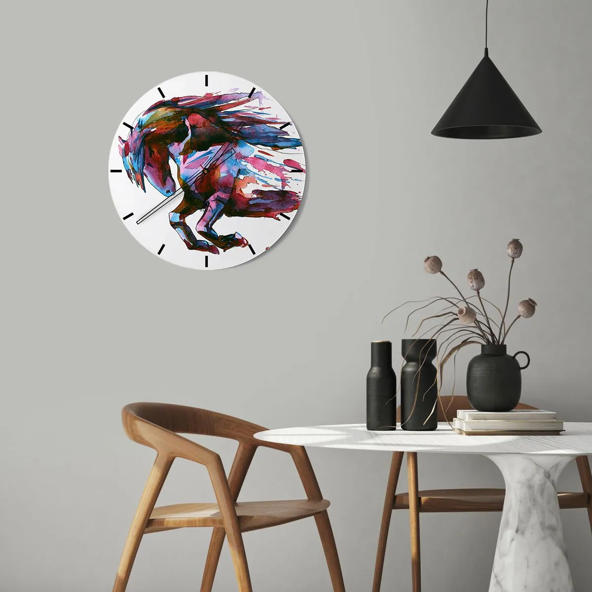 Wanduhr - Glasuhr - Ein dynamisches Pferd in Aquarellfarben mit wallender Mähne - 30x30cm - In Verzückung - Moderne Wanddekoration für Wohnzimmer, Küche und Schlafzimmer ARTTOR
