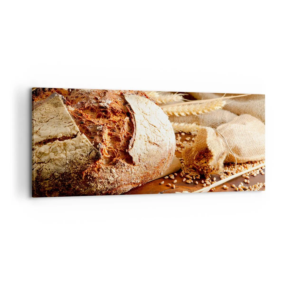 Bild auf Leinwand - Leinwandbild - Knuspriges Brot mit Körnern und Weizenähren auf Holzhintergrund - 120x50cm - Appetitanregend, duftend, knackig - Moderne Wanddekoration für Wohnzimmer und Schlafzimmer ARTTOR