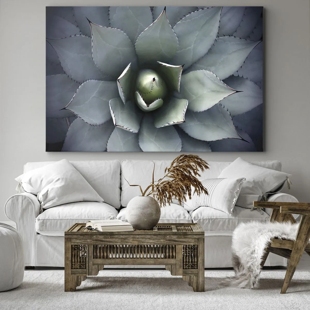Bild auf Leinwand - Leinwandbild - Nahaufnahme einer Agavenrosette in zarten Grüntönen - 70x50cm - Es lockt an und warnt - Moderne Wanddekoration für Wohnzimmer und Schlafzimmer ARTTOR