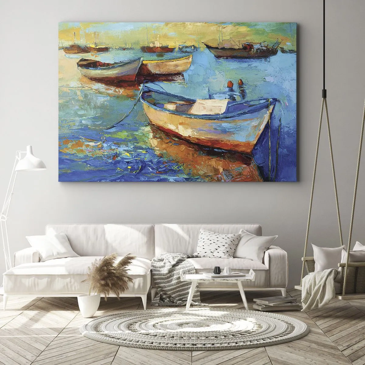 Bild auf Leinwand - Leinwandbild - Bunte Boote vertäut auf ruhigem Wasser - 120x80cm - In der südlichen Bucht - Moderne Wanddekoration für Wohnzimmer und Schlafzimmer ARTTOR