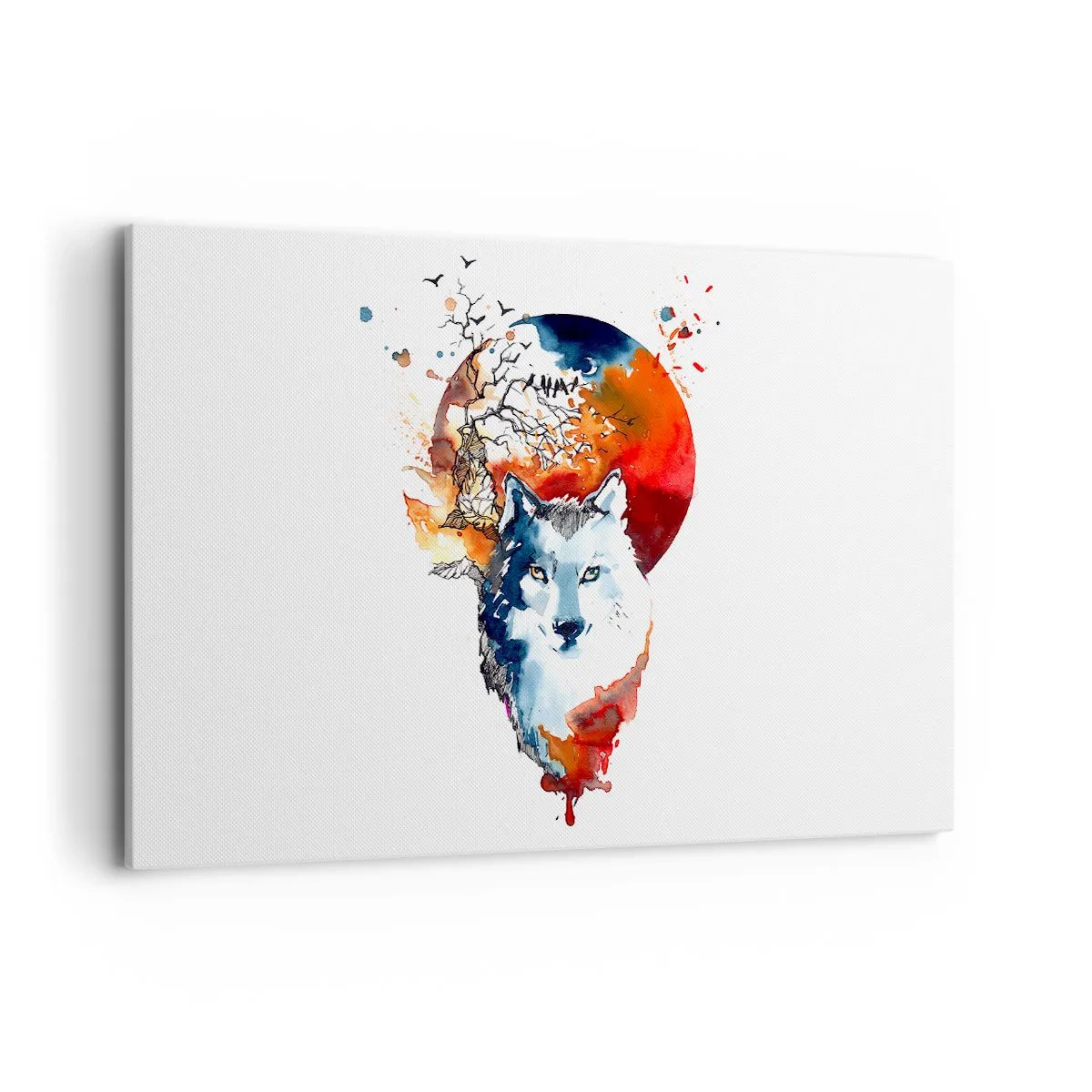 Bild auf Leinwand - Leinwandbild - Abstraktes Aquarell eines Wolfes vor einem roten Mond - 120x80cm - Nase an Nase mit der Nacht - Moderne Wanddekoration für Wohnzimmer und Schlafzimmer ARTTOR