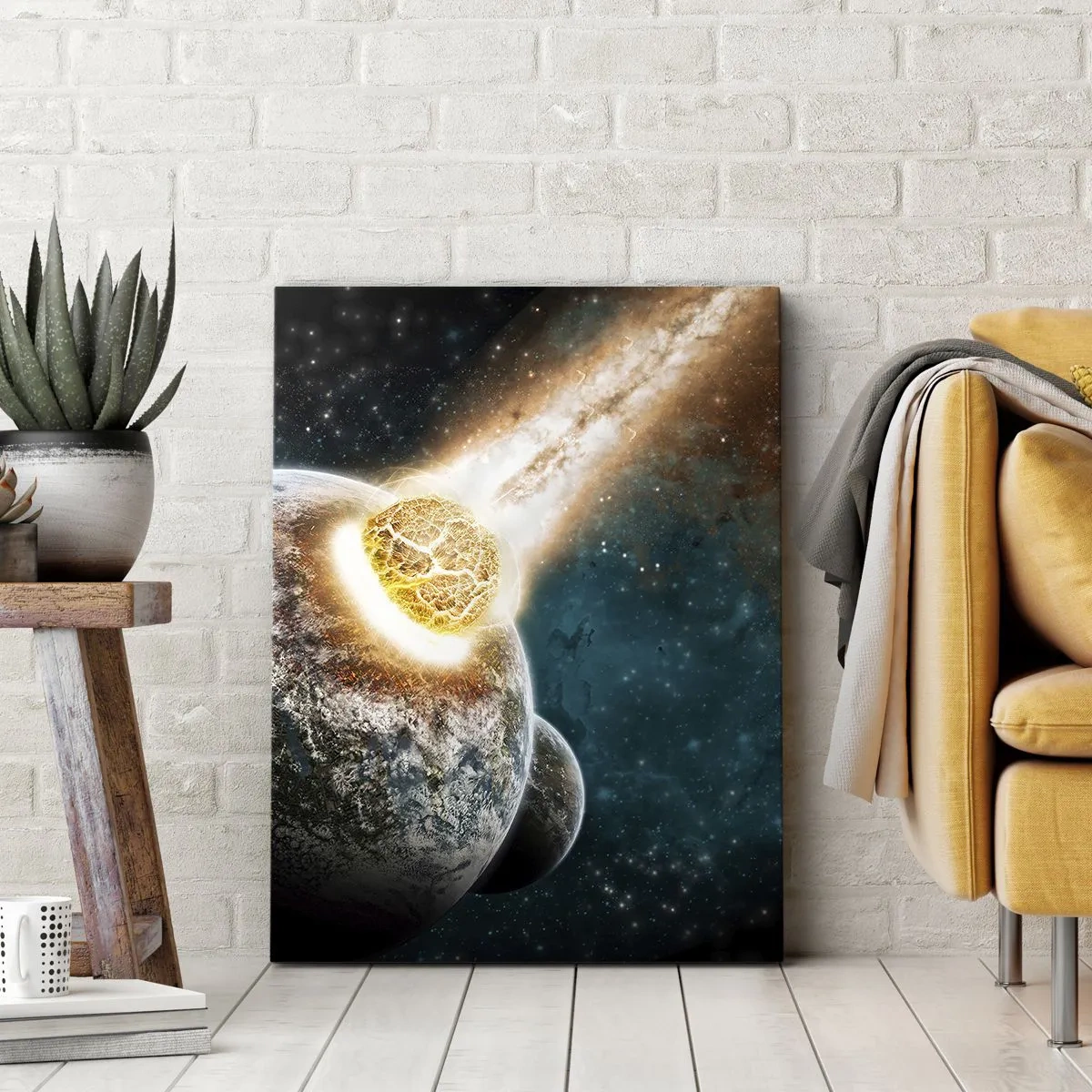 Bild auf Leinwand - Leinwandbild - Kosmische Kollision eines Planeten mit einem Asteroiden in der Nähe der Galaxie. - 70x100cm - Holocaust oder Geburt? - Moderne Wanddekoration für Wohnzimmer und Schlafzimmer ARTTOR