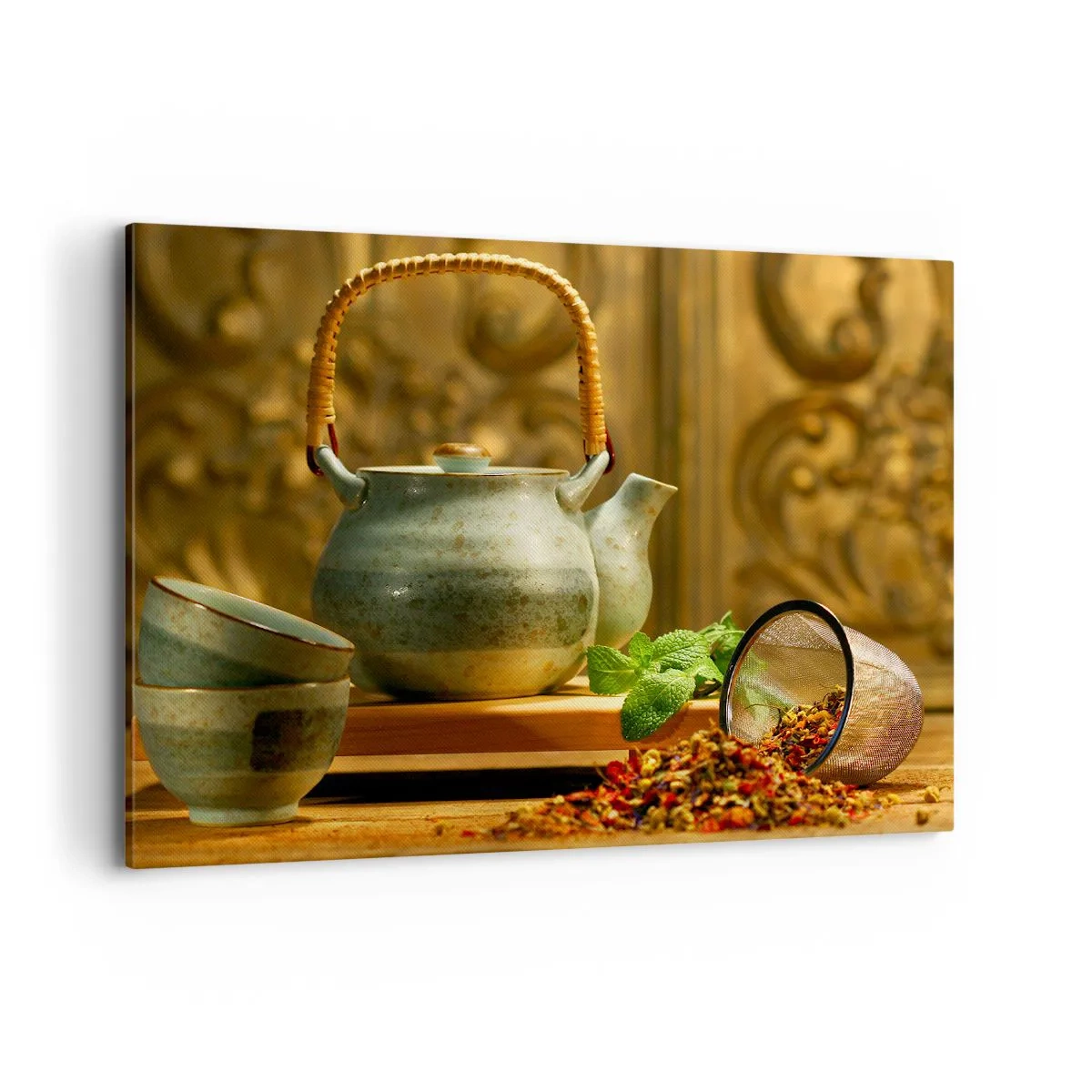 Bild auf Leinwand - Leinwandbild - Keramikkrug mit Tassen und getrocknetem Tee - 100x70cm - Abhandlung über das Teetrinken - Moderne Wanddekoration für Wohnzimmer und Schlafzimmer ARTTOR