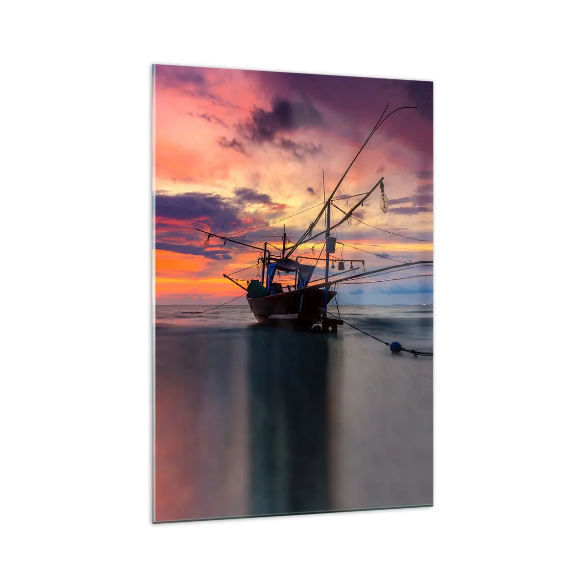 Glasbild - Bild auf glas - Ein Fischerboot vor der Kulisse eines farbenfrohen Sonnenuntergangs - 70x100cm - Exotischer Abend - Moderne Wanddekoration für Wohnzimmer und Schlafzimmer ARTTOR