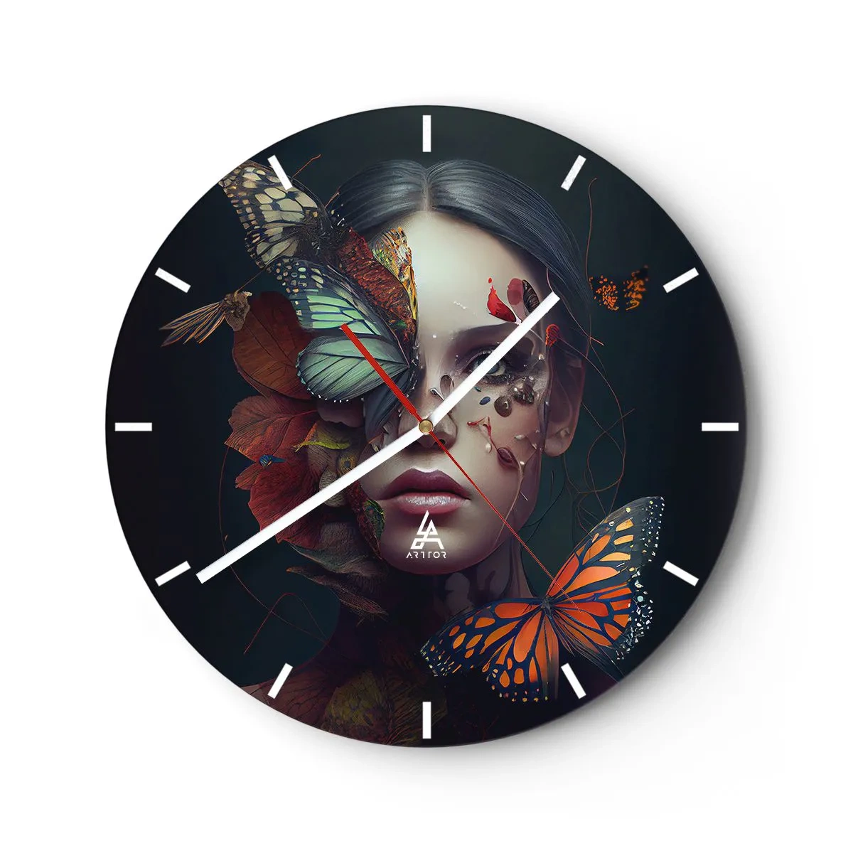 Wanduhr - Glasuhr - Eine Frau mit Schmetterlingen und Blättern im Gesicht in einer künstlerischen Komposition. - 30x30cm - Wunderbare Metamorphose - Moderne Wanddekoration für Wohnzimmer, Küche und Schlafzimmer ARTTOR