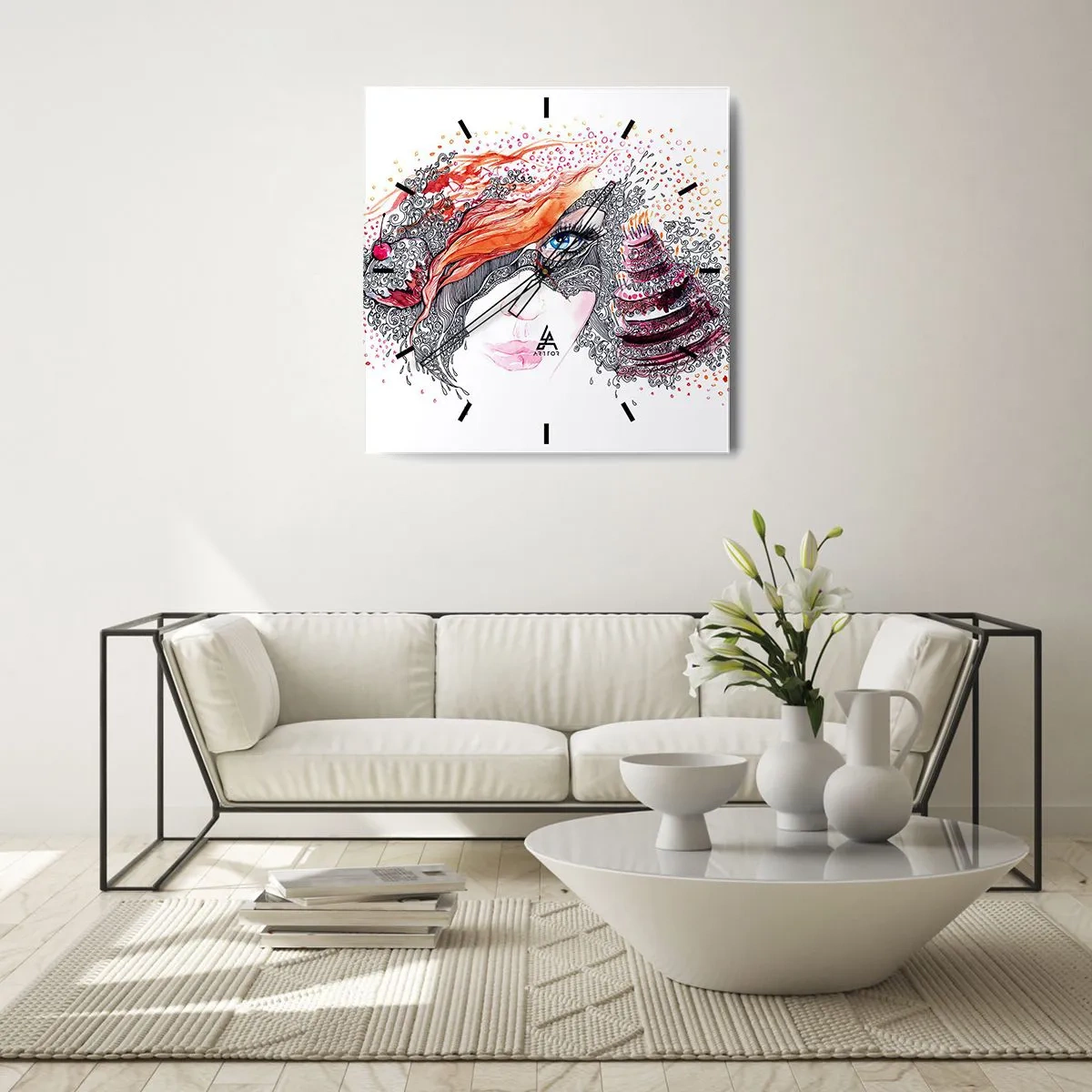 Wanduhr - Glasuhr - Künstlerisches Frauenporträt mit Details und rotem Akzent - 30x30cm - Bei ihr ist jeden Tag Feiertag - Moderne Wanddekoration für Wohnzimmer und Schlafzimmer ARTTOR