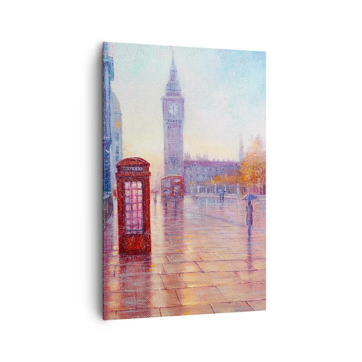 Bild auf Leinwand - Leinwandbild - Londoner Straße mit Big Ben an einem regnerischen Tag - 80x120cm - Londoner Herbsttag - Moderne Wanddekoration für Wohnzimmer und Schlafzimmer ARTTOR