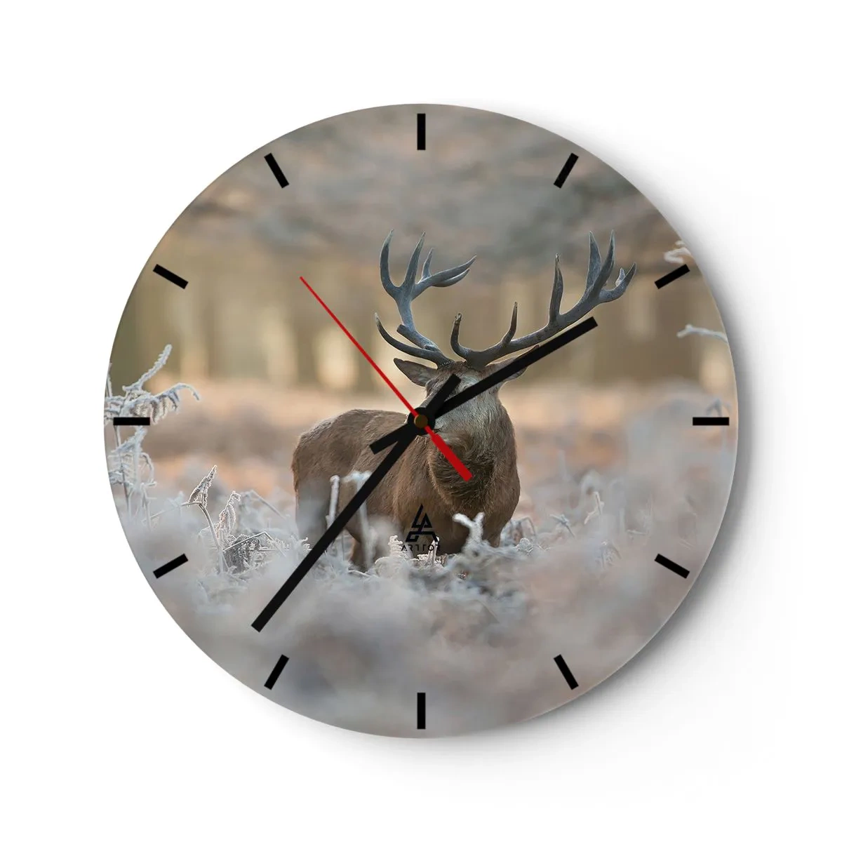 Wanduhr - Glasuhr - Ein Reh in einer Winterlandschaft mit einer gefrorenen Wiese im Hintergrund - 30x30cm - Ein flotter Morgen - Moderne Wanddekoration für Wohnzimmer, Küche und Schlafzimmer ARTTOR