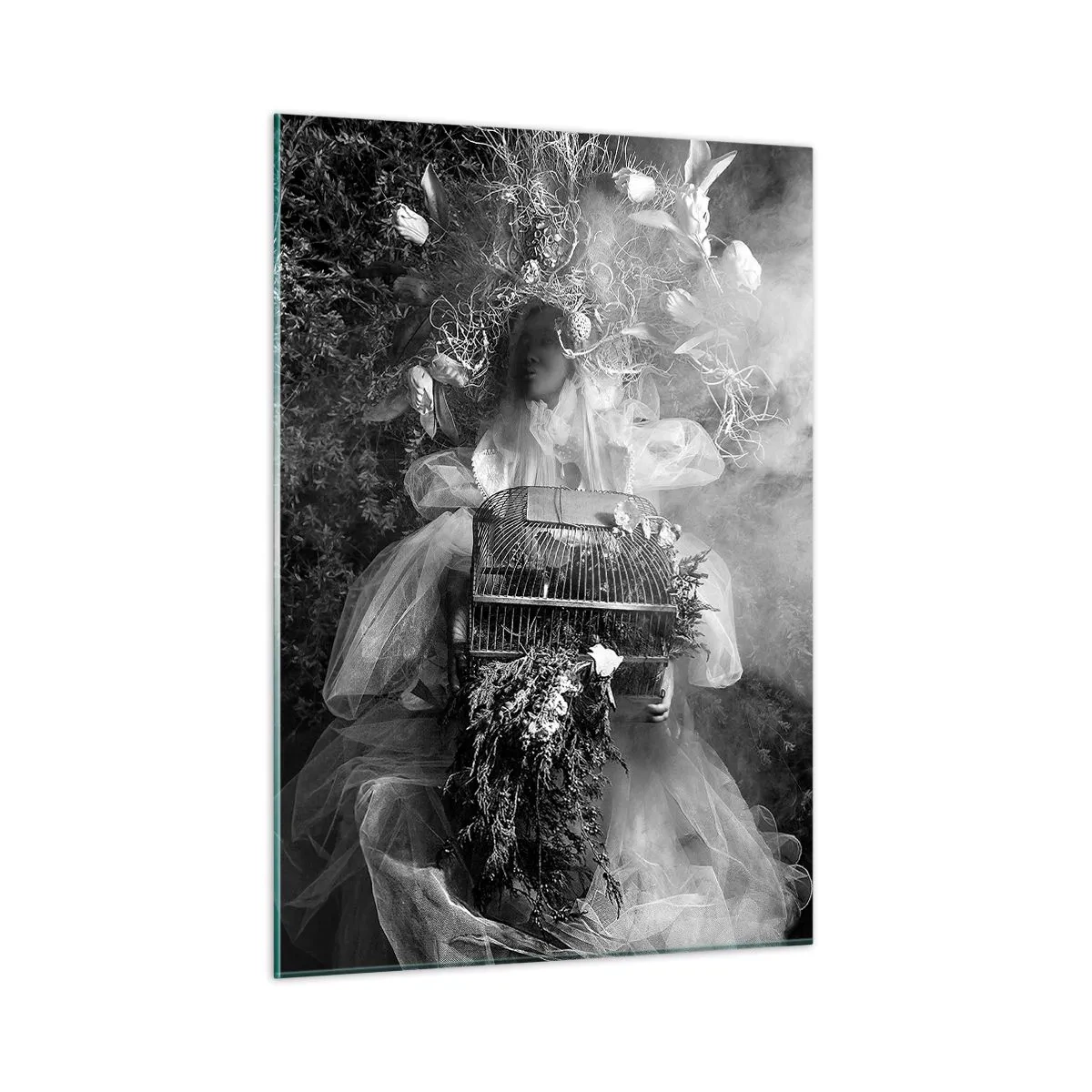 Glasbild - Bild auf glas - Frau im Tüll-Käfigkleid und Pflanzenkrone in Schwarz-Weiß - 50x70cm - Mutter selbst - Natur - Moderne Wanddekoration für Wohnzimmer und Schlafzimmer ARTTOR