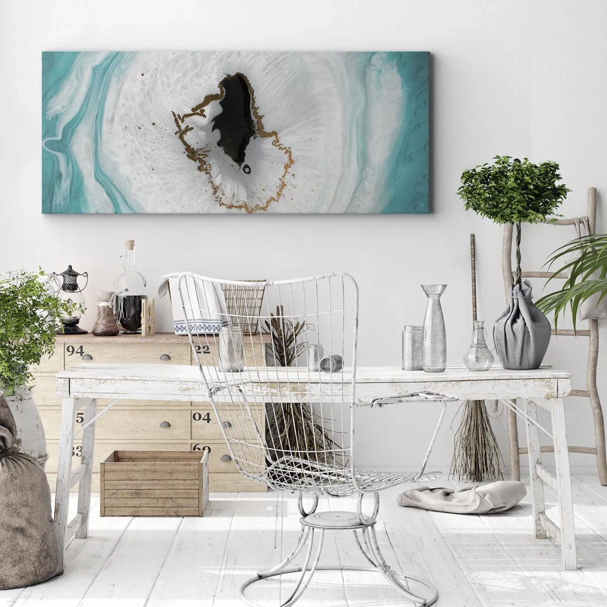 Bild auf Leinwand - Leinwandbild - Abstraktes Geodenmotiv in Türkis-, Weiß- und Goldtönen - 160x50cm - Nach Innen eindringen - Moderne Wanddekoration für Wohnzimmer und Schlafzimmer ARTTOR