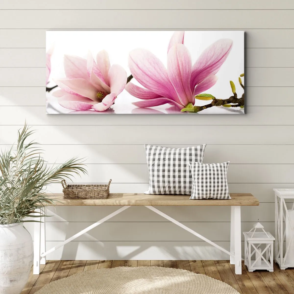 Bild auf Leinwand - Leinwandbild - Zarte rosa Magnolien auf weißem Hintergrund - 160x50cm - Zart wie ein Frühlingswind - Moderne Wanddekoration für Wohnzimmer und Schlafzimmer ARTTOR
