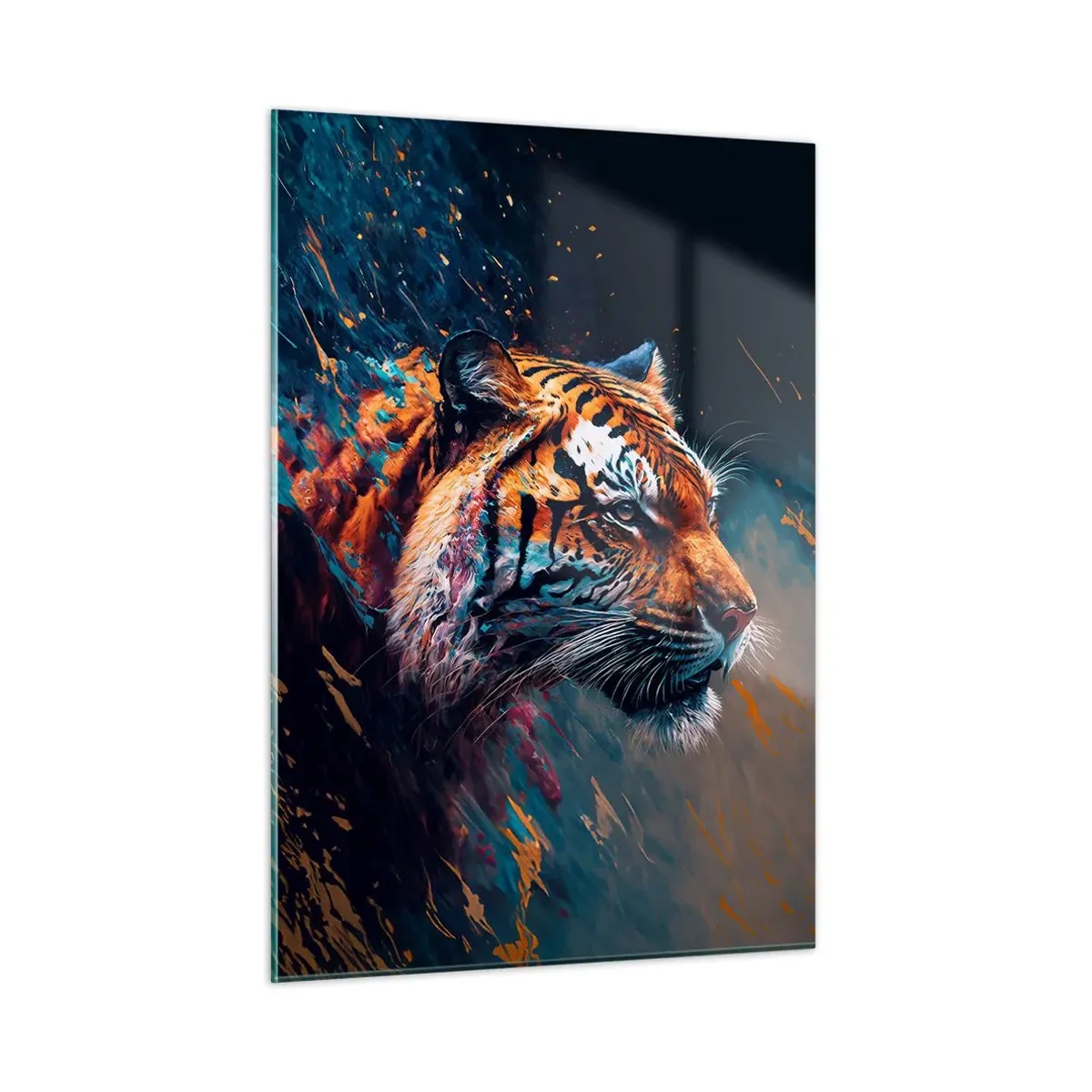 Glasbild - Bild auf glas - Porträt eines Tigers in einer künstlerischen Farbexplosion - 50x70cm - Wilde Schönheit - Moderne Wanddekoration für Wohnzimmer und Schlafzimmer ARTTOR