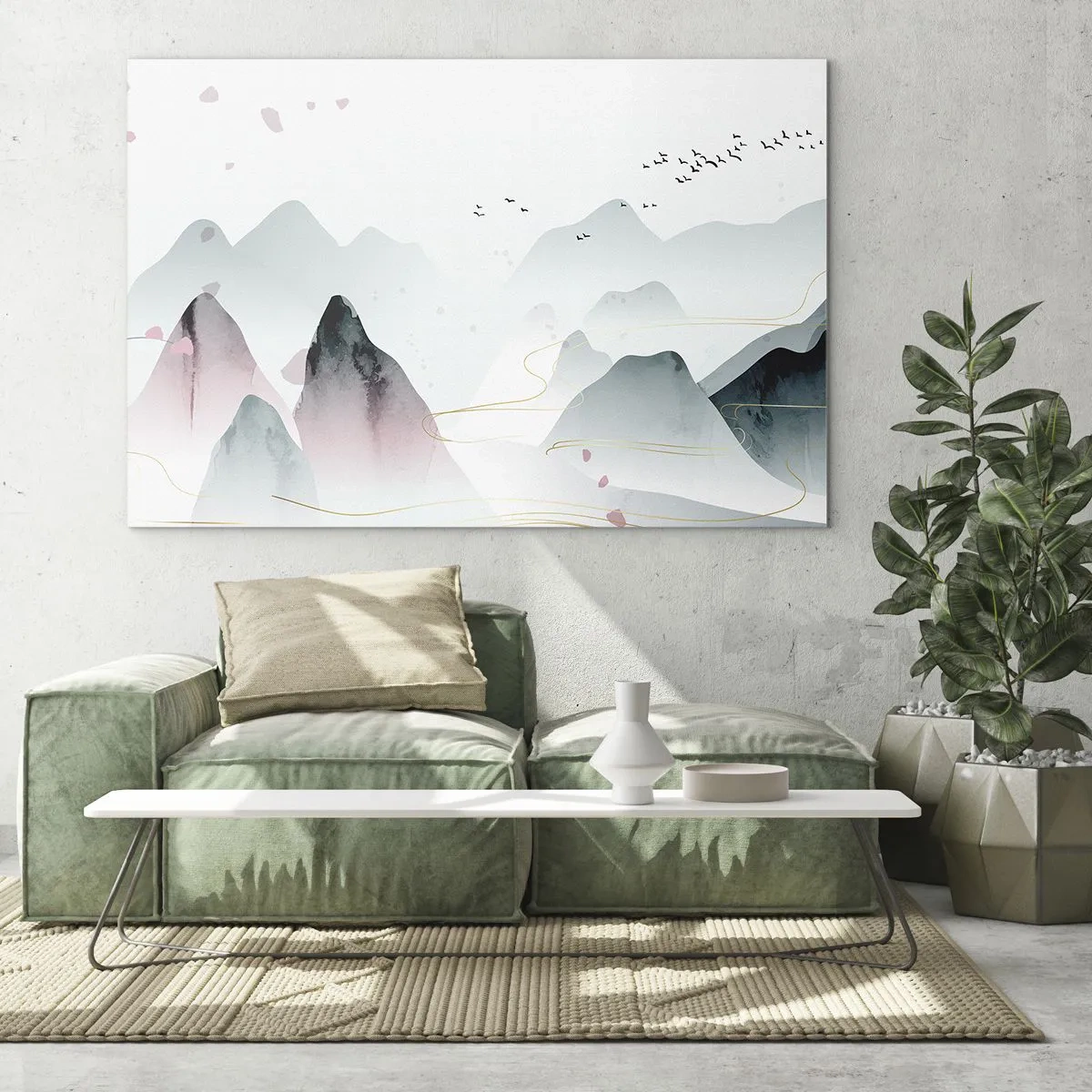 Glasbild - Bild auf glas - Pastellfarbene Berge mit einem Schwarm fliegender Vögel und goldenen Linien - 70x50cm - Über die Gipfel - Moderne Wanddekoration für Wohnzimmer und Schlafzimmer ARTTOR