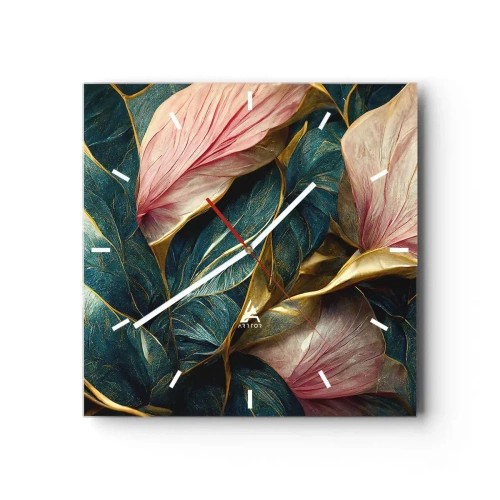 Wanduhr - Glasuhr - Elegante Blätter in Grün, Gold und Pink - 30x30cm - Natürliche Eleganz und Stil - Moderne Wanddekoration für Wohnzimmer und Schlafzimmer ARTTOR