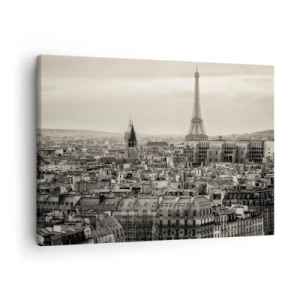 Bild auf Leinwand - Leinwandbild - Panorama von Paris mit dem Eiffelturm in Sepiatönen - 70x50cm - Über den Dächern von Paris - Moderne Wanddekoration für Wohnzimmer und Schlafzimmer ARTTOR