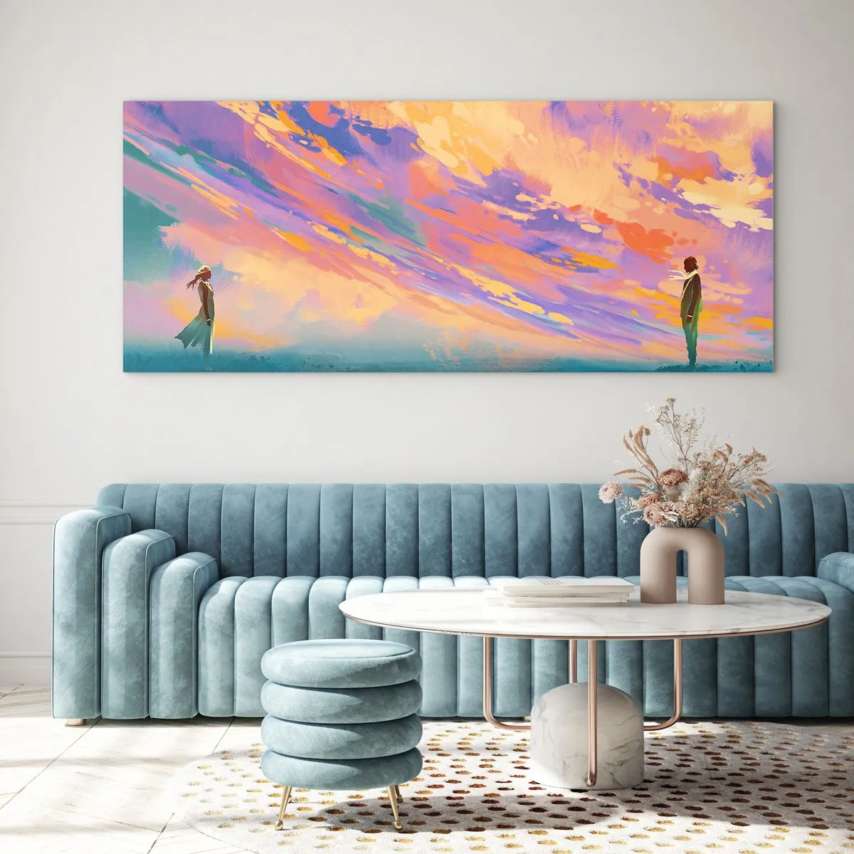 Glasbild - Bild auf glas - Eine dynamische Szene mit Figuren vor einem farbenfrohen Sonnenuntergangshimmel - 140x50cm - Die Anziehungskraft - Moderne Wanddekoration für Wohnzimmer und Schlafzimmer ARTTOR