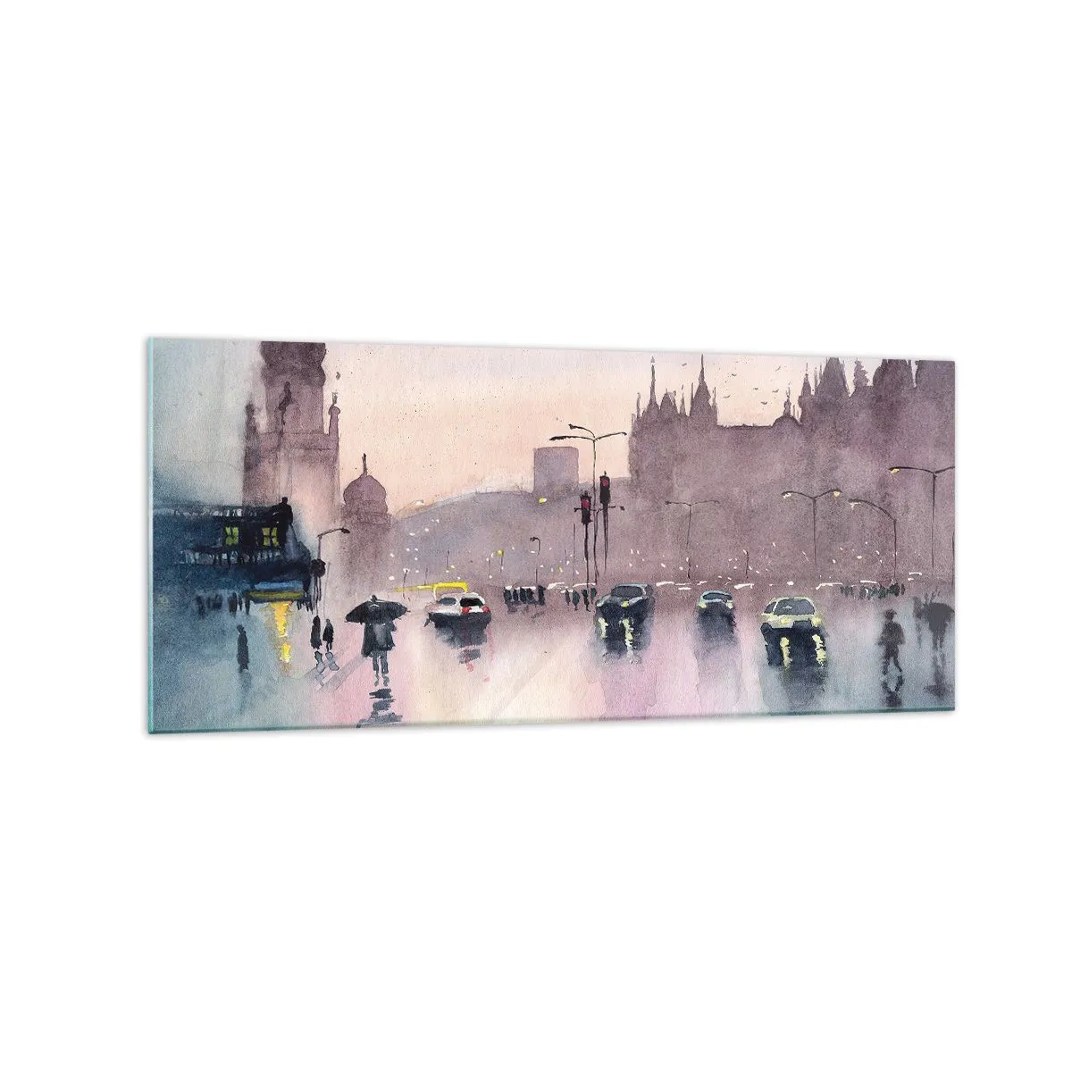 Glasbild - Bild auf glas - Eine Stadtstraße in der Abenddämmerung im Aquarellstil - 120x50cm - Im regnerischen Dunst - Moderne Wanddekoration für Wohnzimmer und Schlafzimmer ARTTOR
