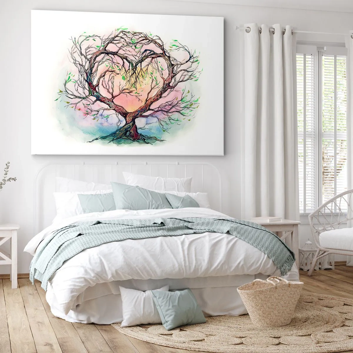 Bild auf Leinwand - Leinwandbild - Ein herzförmiger Baum vor einem Hintergrund aus zarten Pastellfarben - 100x70cm - Gemeinsam gegen die Stürme - Moderne Wanddekoration für Wohnzimmer und Schlafzimmer ARTTOR