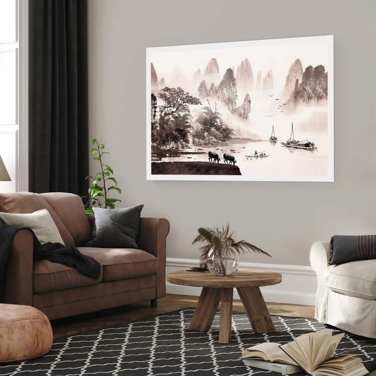 Poster - Eine malerische Landschaft im asiatischen Stil mit nebligen Bergen - 100x70cm - Der exotische Alltag des Ostens - Moderne Wanddekoration für Wohnzimmer und Schlafzimmer ARTTOR
