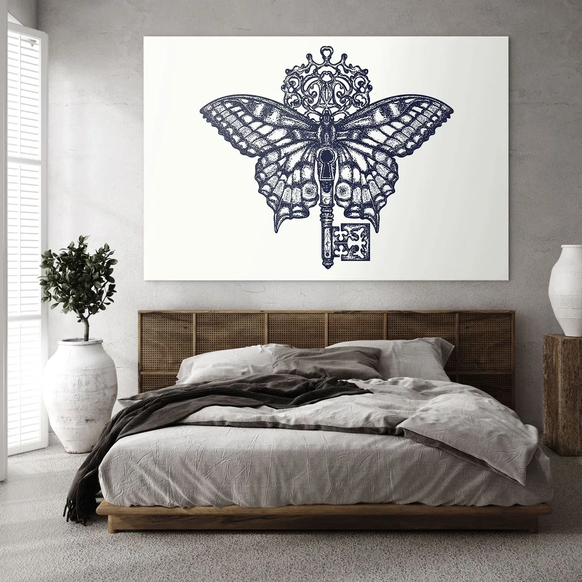 Glasbild - Bild auf glas - Abbildung eines Schmetterlings mit einem Schlüssel in der Mitte - 100x70cm - Alle Geheimnisse des Herzens - Moderne Wanddekoration für Wohnzimmer und Schlafzimmer ARTTOR