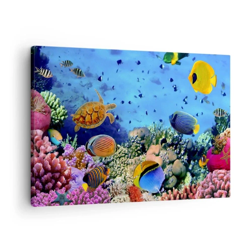 Bild auf Leinwand - Leinwandbild - Korallenriff mit bunten Fischen und einer Meeresschildkröte - 70x50cm - Und was wissen wir über das Leben ... - Moderne Wanddekoration für Wohnzimmer und Schlafzimmer ARTTOR