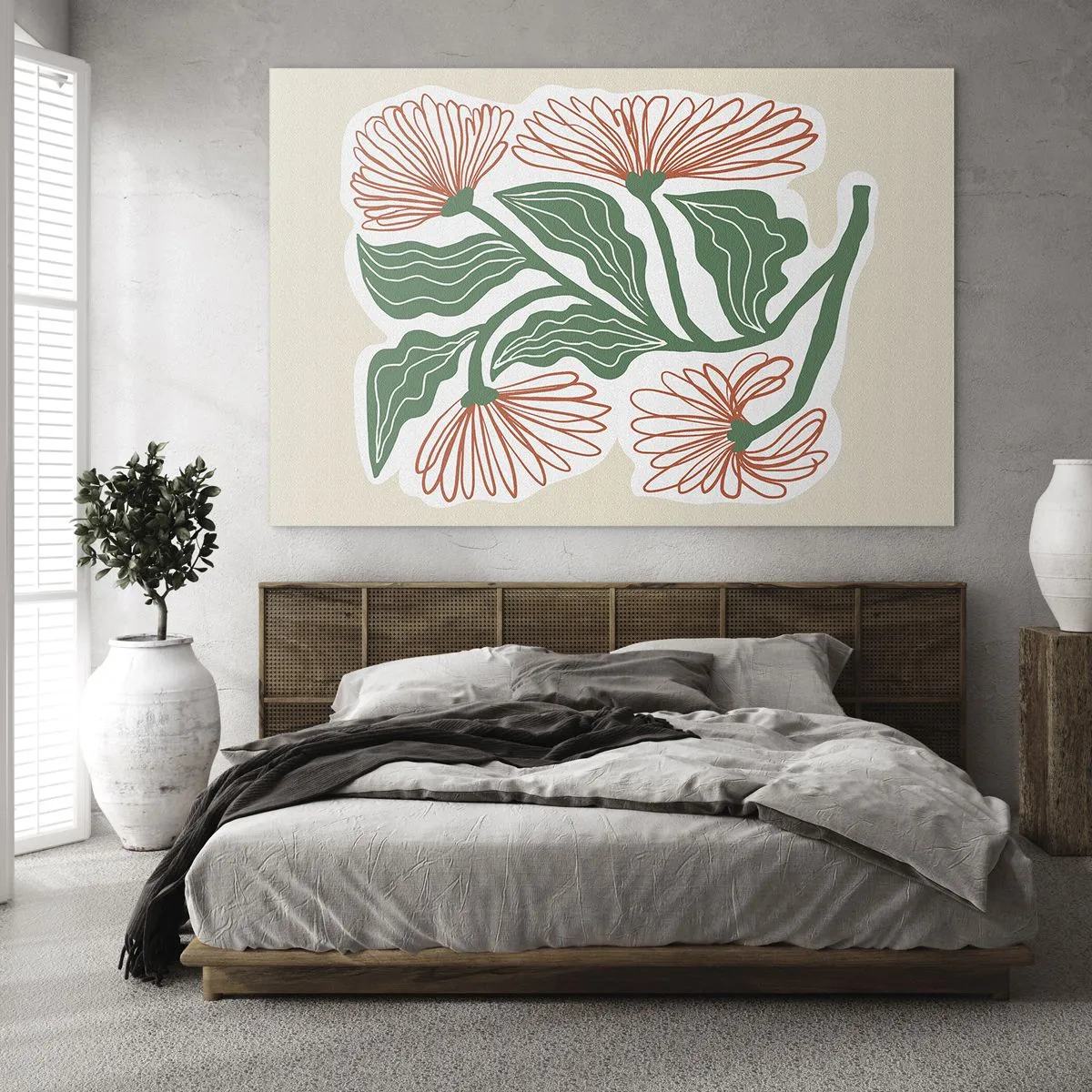 Glasbild - Bild auf glas - Dekorative Blumen im Folk-Stil auf hellem Hintergrund - 100x70cm - Im Folkstil und modern - Moderne Wanddekoration für Wohnzimmer und Schlafzimmer ARTTOR