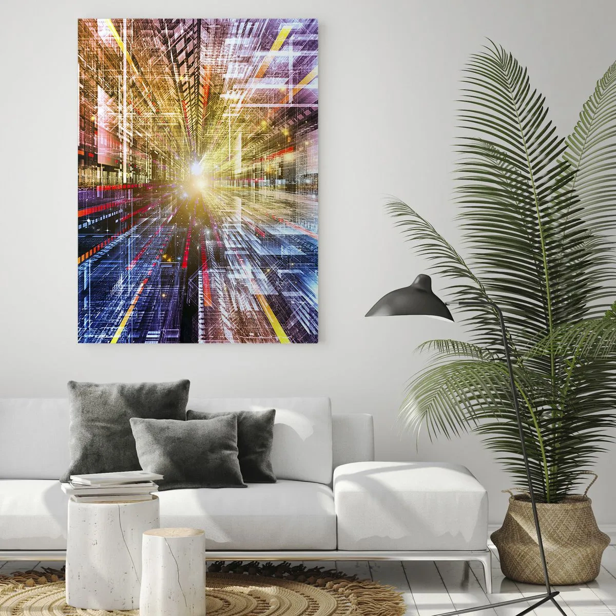 Glasbild - Bild auf glas - Abstrakte Vision mit farbigen Linien und Licht - 50x70cm - Leuchtender Korridor - Moderne Wanddekoration für Wohnzimmer und Schlafzimmer ARTTOR