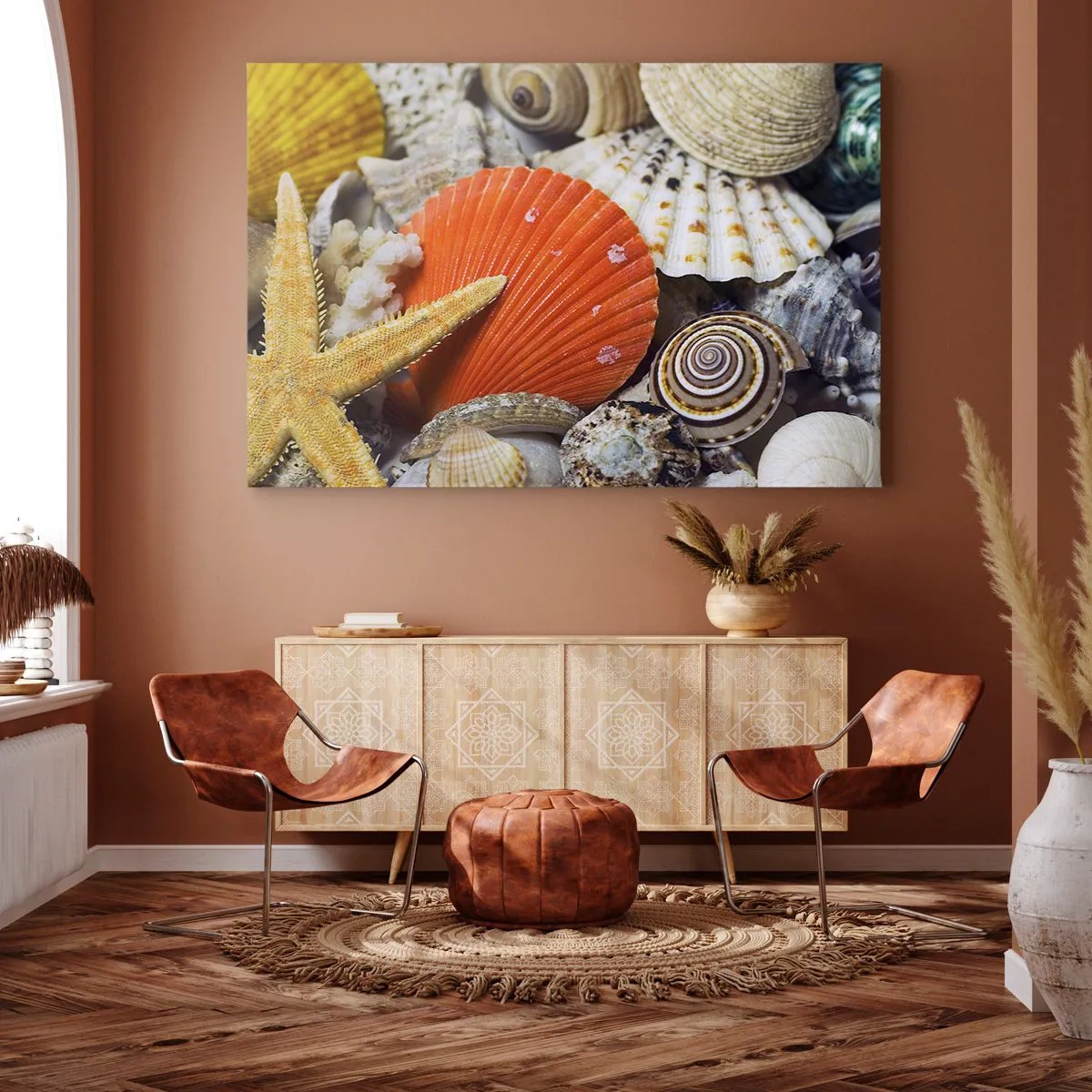 Bild auf Leinwand - Leinwandbild - Muscheln und Seesterne in einer Meereskomposition - 100x70cm - Schätze des Ozeans - Moderne Wanddekoration für Wohnzimmer und Schlafzimmer ARTTOR