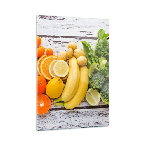 Glasbild - Bild auf glas - Buntes Obst und Gemüse auf einem Holztisch angeordnet - 50x70cm - Es ist nicht genug? - Moderne Wanddekoration für Wohnzimmer und Schlafzimmer ARTTOR