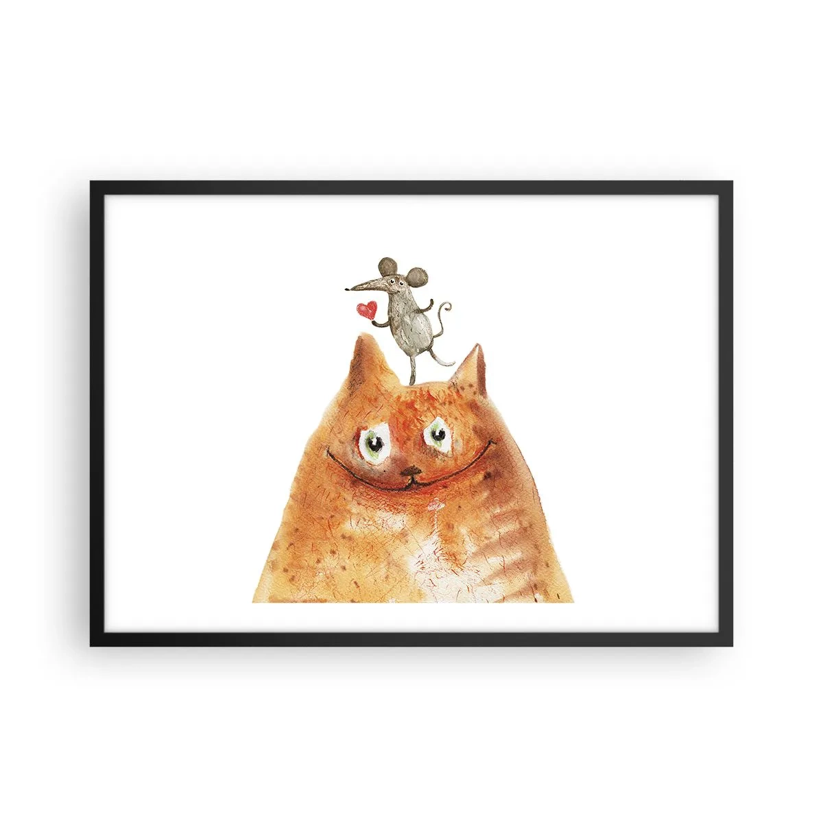 Poster in einem schwarzem Rahmen - Eine Zeichnung einer Katze mit einer Maus auf dem Kopf, die ein Herz hält - 70x50cm - Paradoxien der Liebe - Moderne Wanddekoration für Wohnzimmer und Schlafzimmer ARTTOR
