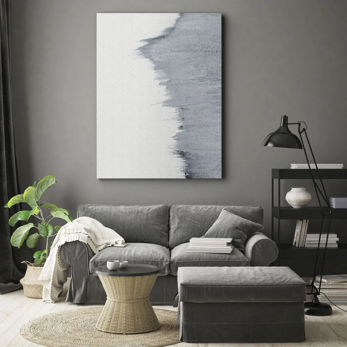 Bild auf Leinwand - Leinwandbild - Abstrakte graue Komposition im minimalistischen Stil - 70x100cm - Mysteriöse Aufzeichnung - Moderne Wanddekoration für Wohnzimmer und Schlafzimmer ARTTOR
