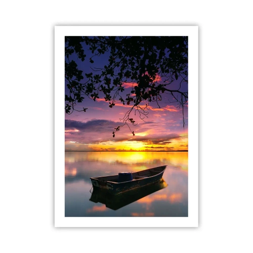 Poster - Ein Boot auf einem ruhigen See bei Sonnenuntergang - 50x70cm - Du scheinst mitten am Himmel zu hängen... - Moderne Wanddekoration für Wohnzimmer und Schlafzimmer ARTTOR