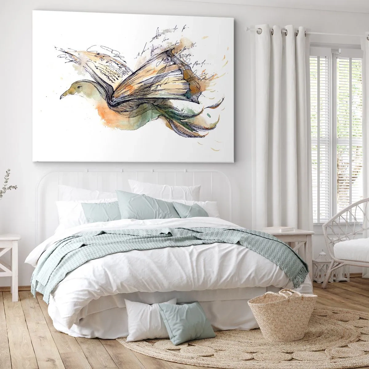 Bild auf Leinwand - Leinwandbild - Künstlerische Aquarellmalerei eines Vogels mit einem Buch als Flügel - 70x50cm - Auf den Flügeln der Poesie - Moderne Wanddekoration für Wohnzimmer und Schlafzimmer ARTTOR