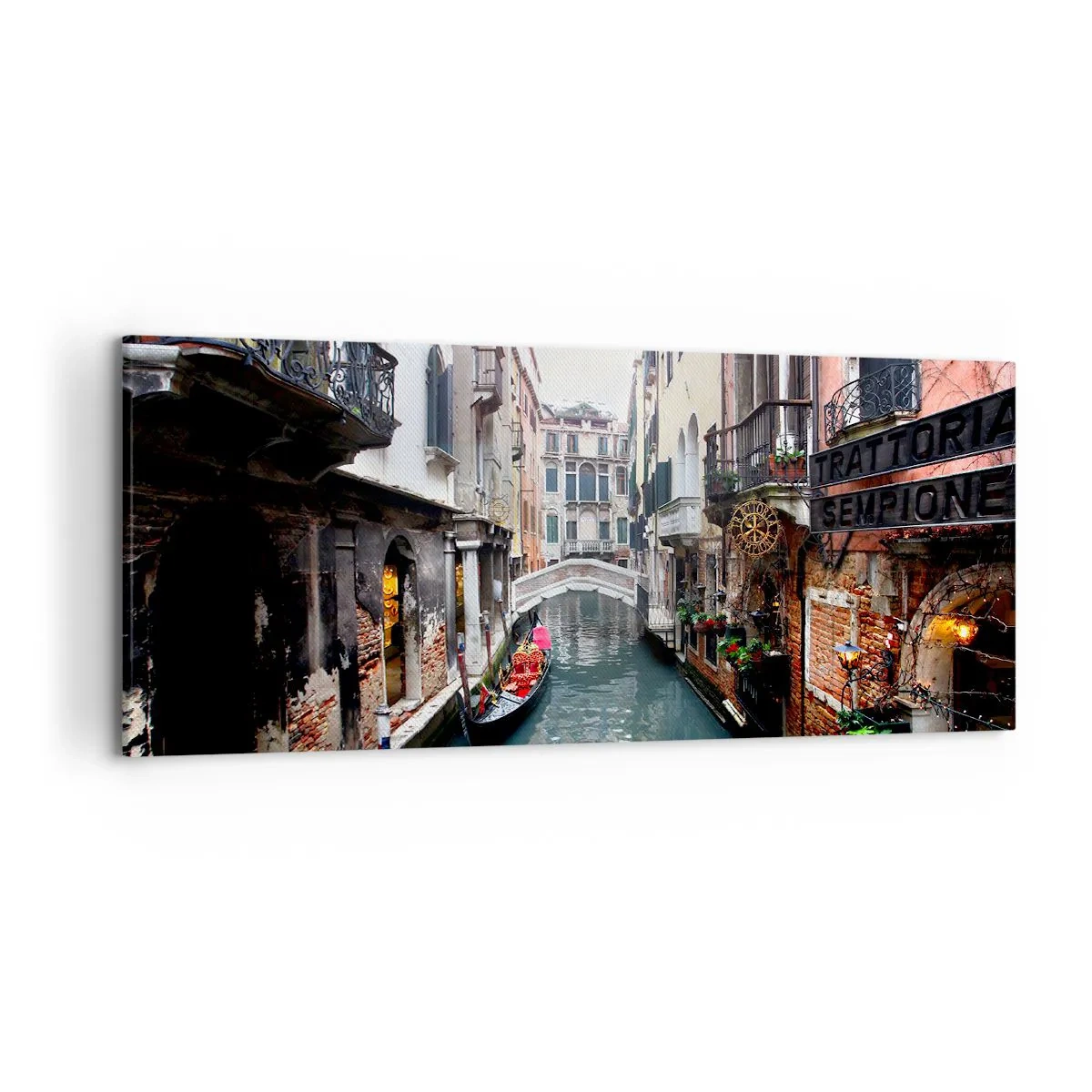 Bild auf Leinwand - Leinwandbild - Ein Kanal in Venedig mit einer Gondel und historischen Gebäuden - 120x50cm - Venezianische Landschaft mit Gondel und Brücke - Moderne Wanddekoration für Wohnzimmer und Schlafzimmer ARTTOR