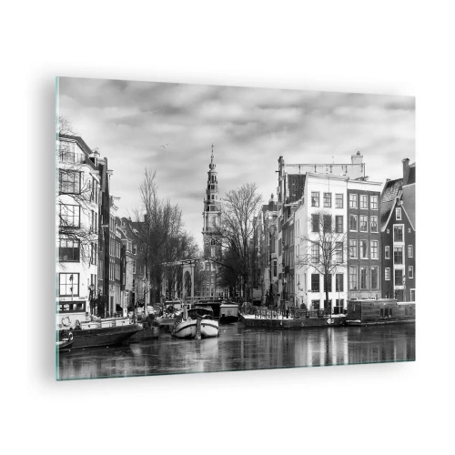 Glasbild - Bild auf glas - Schwarz-Weiß-Ansicht eines Kanals in Amsterdam - 70x50cm - Amsterdamer Atmosphäre - Moderne Wanddekoration für Wohnzimmer und Schlafzimmer ARTTOR