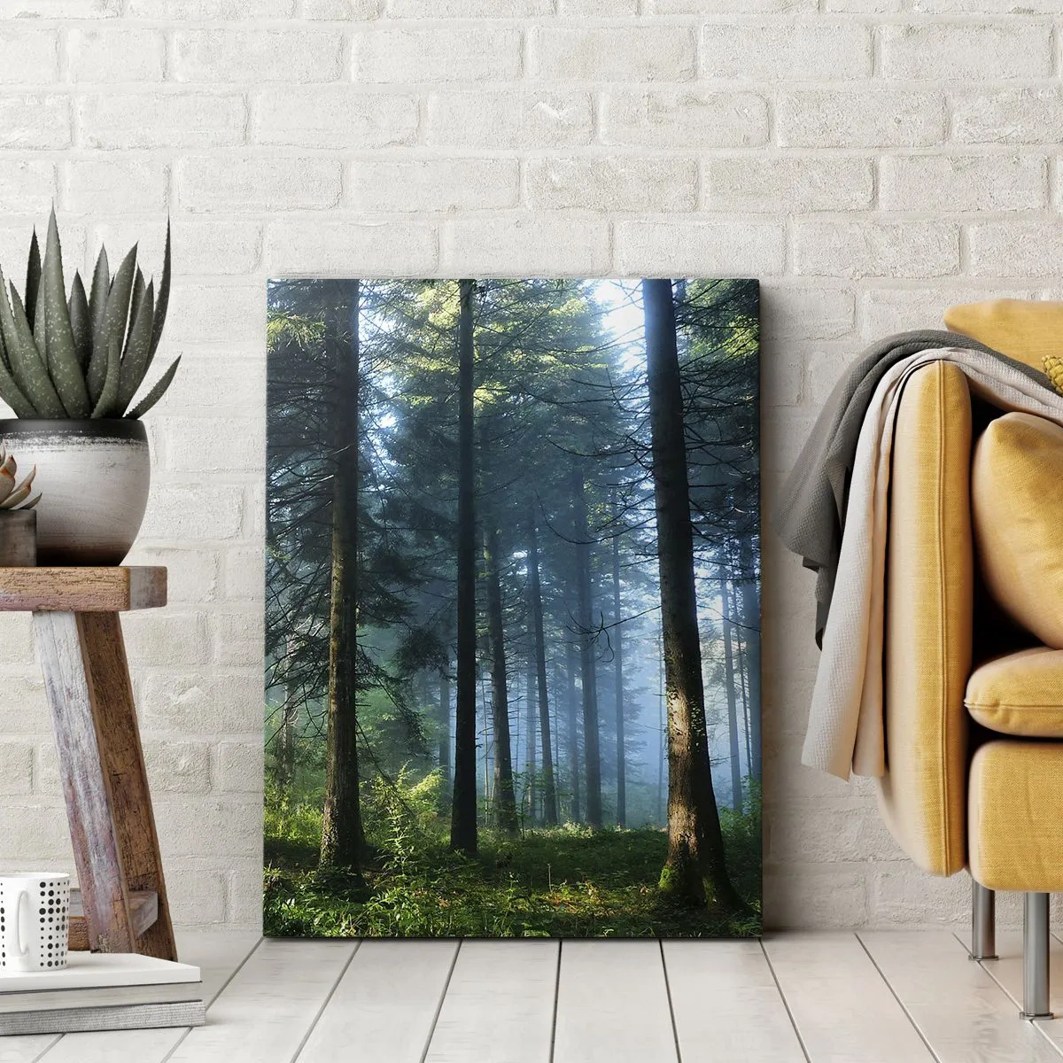 Bild auf Leinwand - Leinwandbild - Ein Waldweg, beleuchtet von den Strahlen der Morgensonne - 80x120cm - Strahlend am Morgen - Moderne Wanddekoration für Wohnzimmer und Schlafzimmer ARTTOR