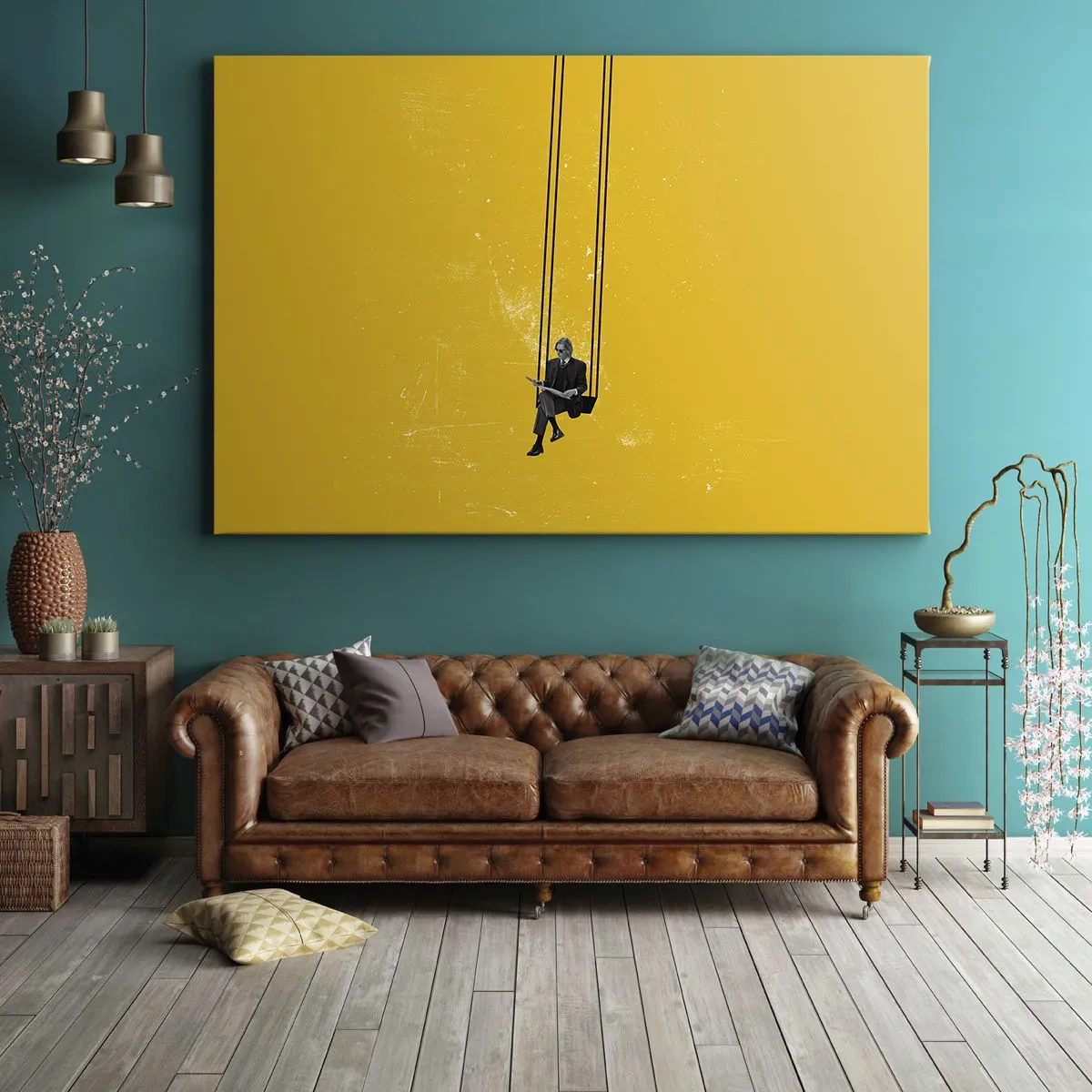 Bild auf Leinwand - Leinwandbild - Eine Person auf einer Schaukel vor einem intensiv gelben Hintergrund - 100x70cm - Tag wie jeder andere - Moderne Wanddekoration für Wohnzimmer und Schlafzimmer ARTTOR