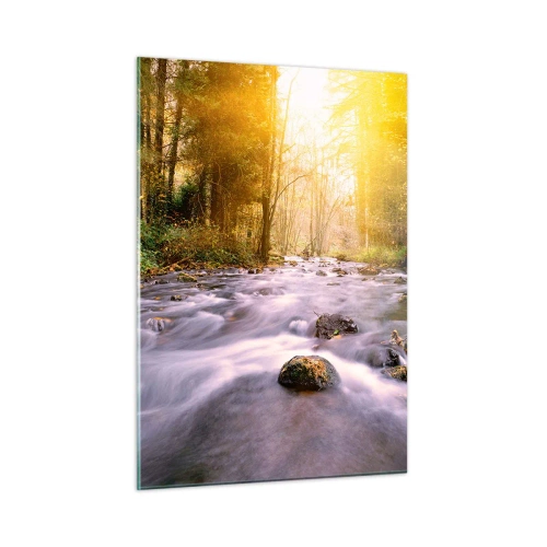 Glasbild - Bild auf glas - Waldbach im Sonnenlicht - 50x70cm - Malachit im Silber- und Goldrahmen - Moderne Wanddekoration für Wohnzimmer und Schlafzimmer ARTTOR