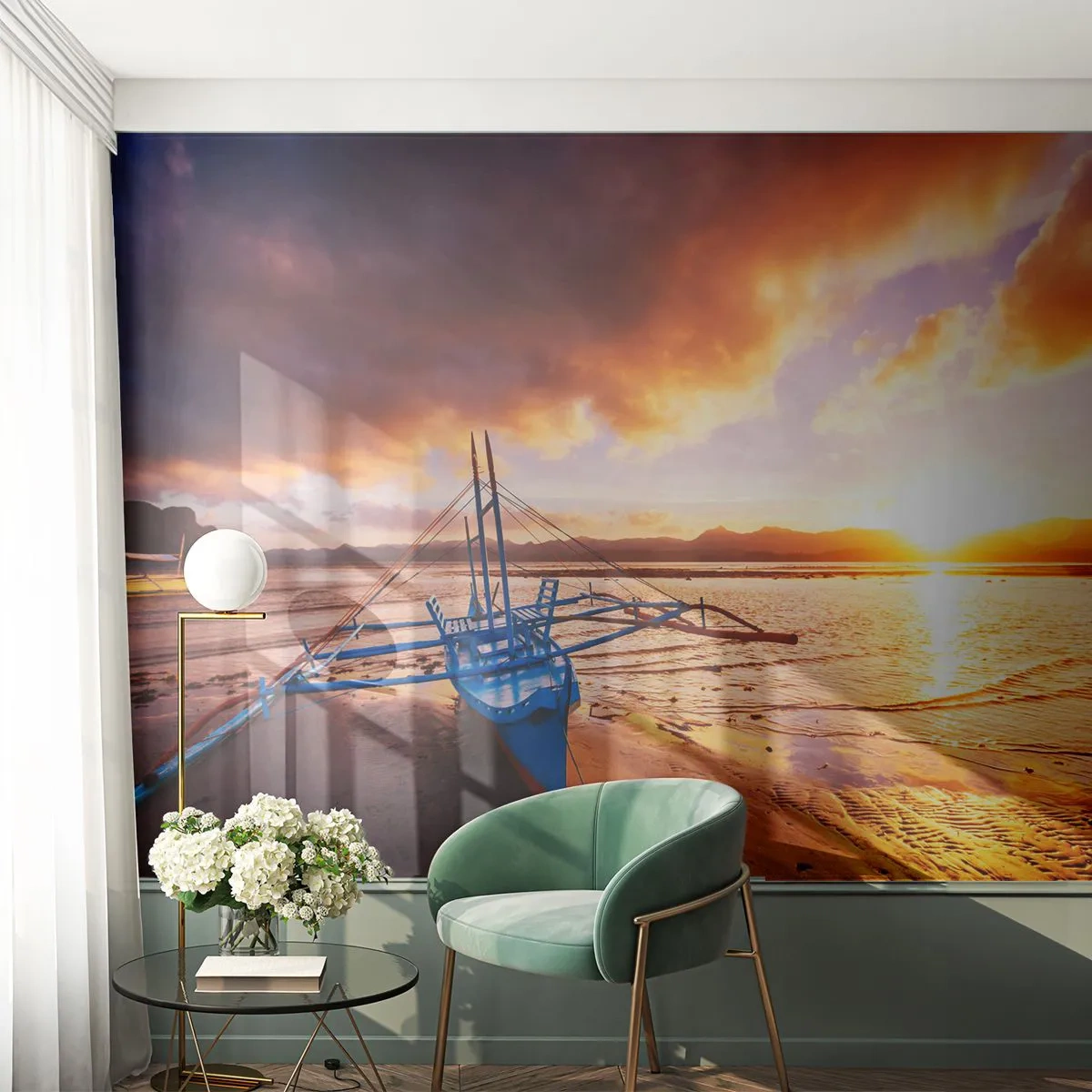 Fototapete Standard Eco - Nach einem Tag sich im Sand ausstrecken - Landschaft, Meer, Fischerboot - 450x315 cm
