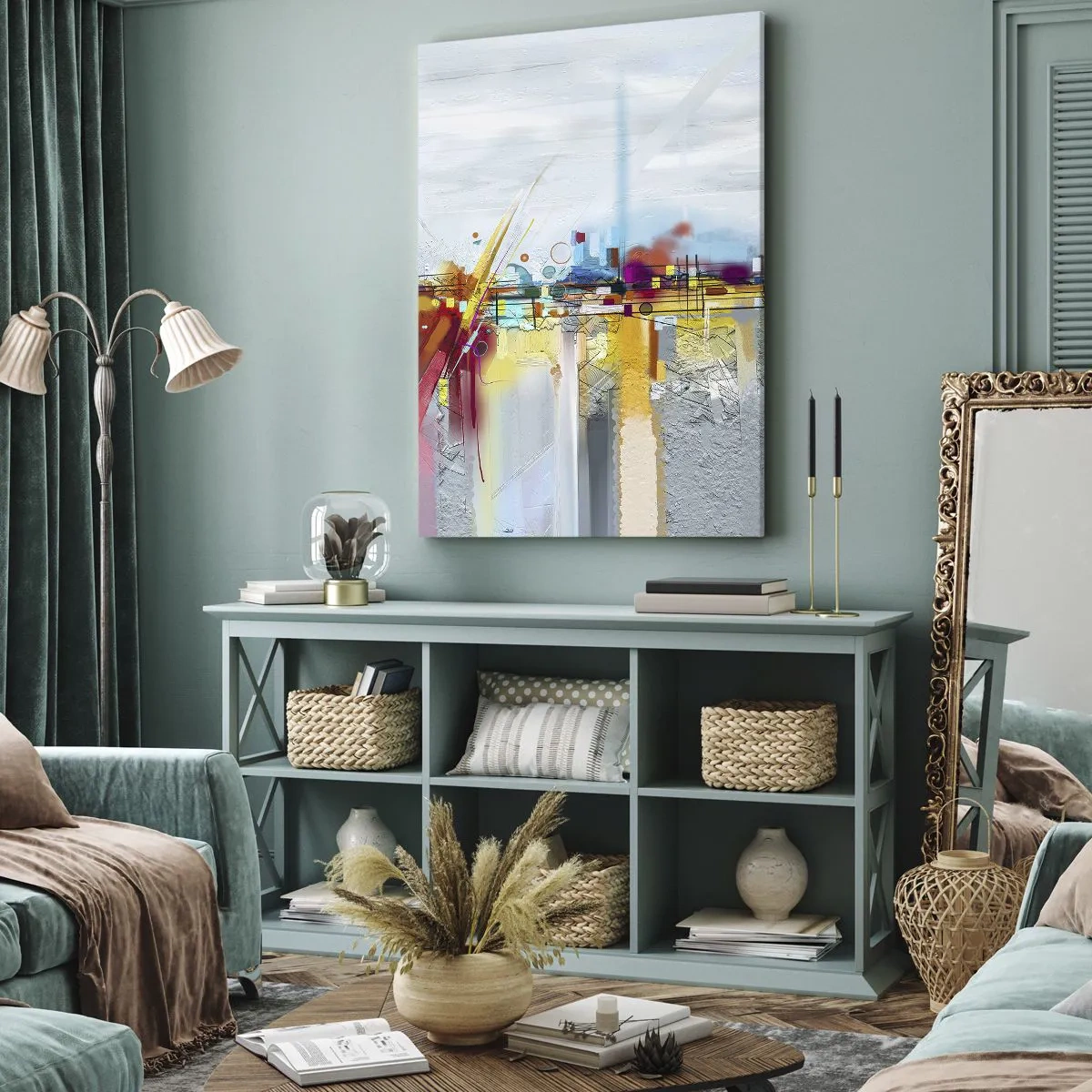 Bild auf Leinwand - Leinwandbild - Abstrakte Landschaft mit bunten Akzenten - 80x120cm - Freudenbrücke über den Fluss des Lebens - Moderne Wanddekoration für Wohnzimmer und Schlafzimmer ARTTOR